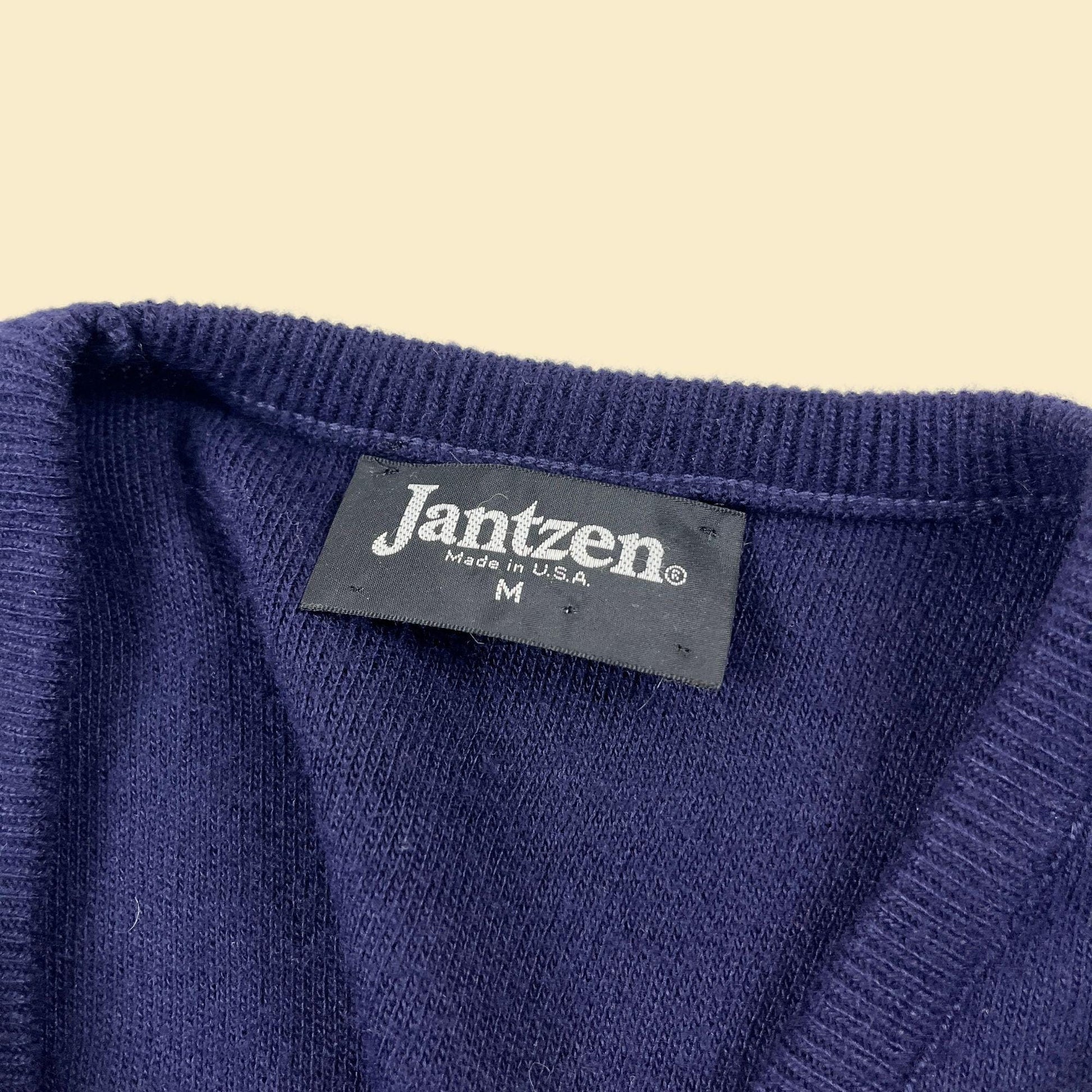 1980s M blue sweater vest by Jantzen, vintage knit men's USA-made navy blue sleeveless sweater