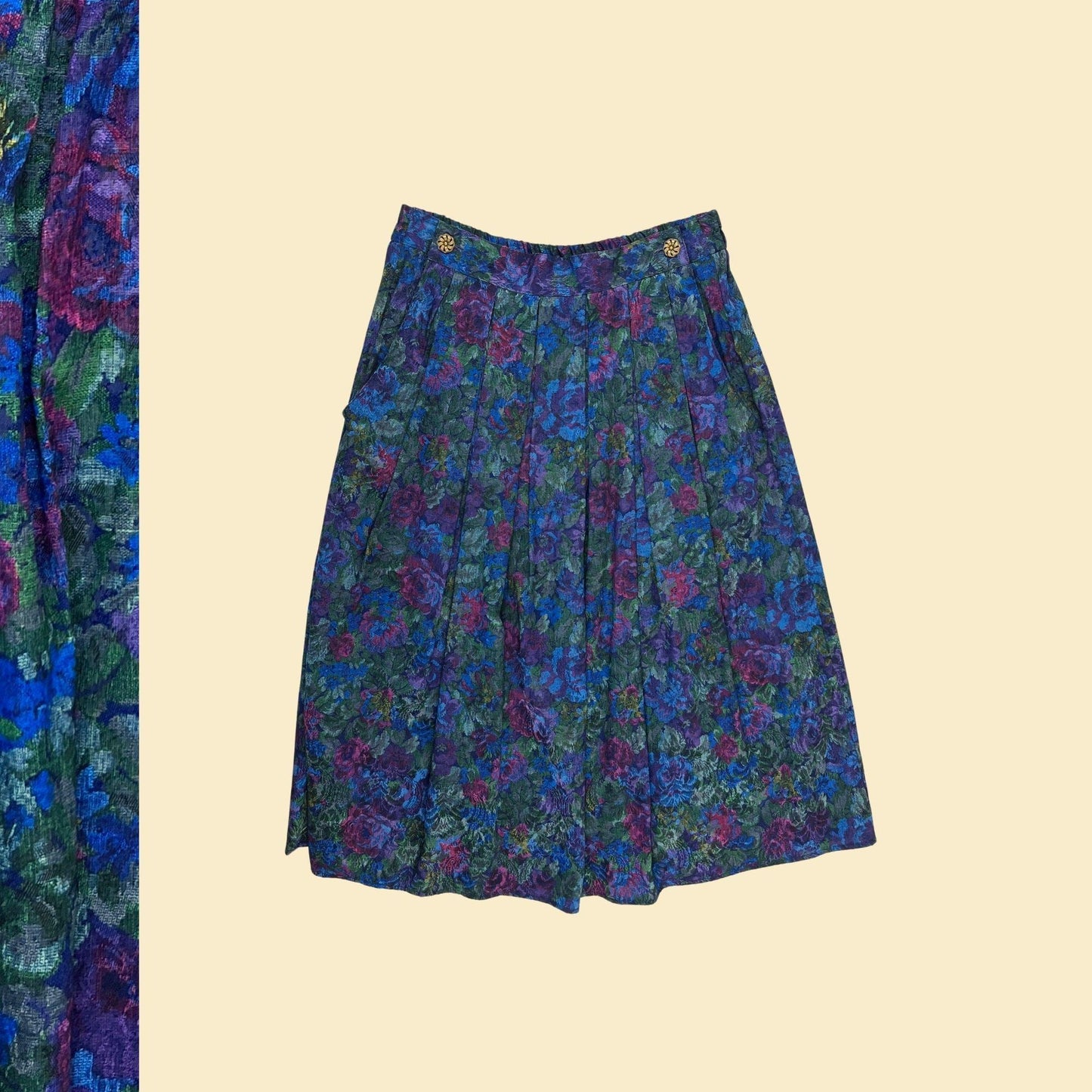 1970s floral maxi skirt by Nilani Petite, size 8 vintage women's blue & purple pleated skirt w/ gold-toned buttons