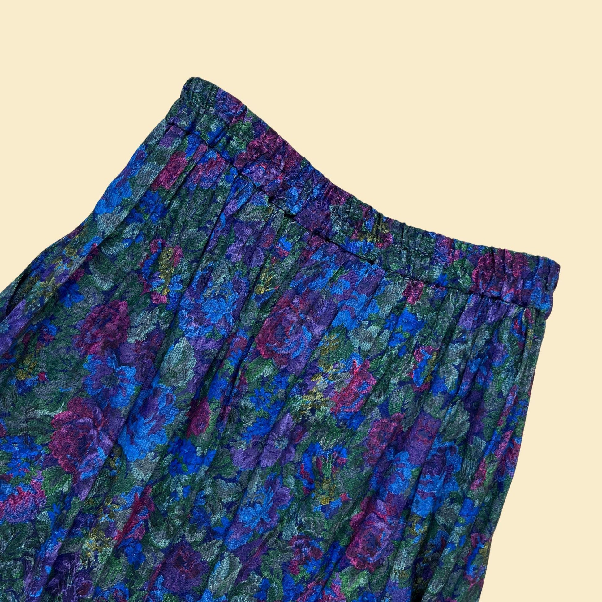 1970s floral maxi skirt by Nilani Petite, size 8 vintage women's blue & purple pleated skirt w/ gold-toned buttons