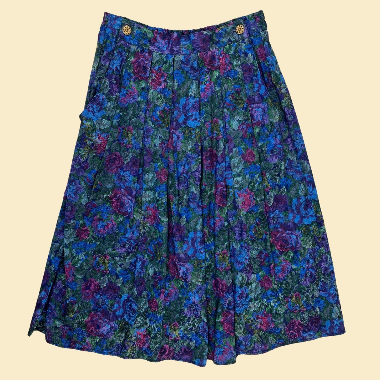 1970s floral maxi skirt by Nilani Petite, size 8 vintage women's blue & purple pleated skirt w/ gold-toned buttons