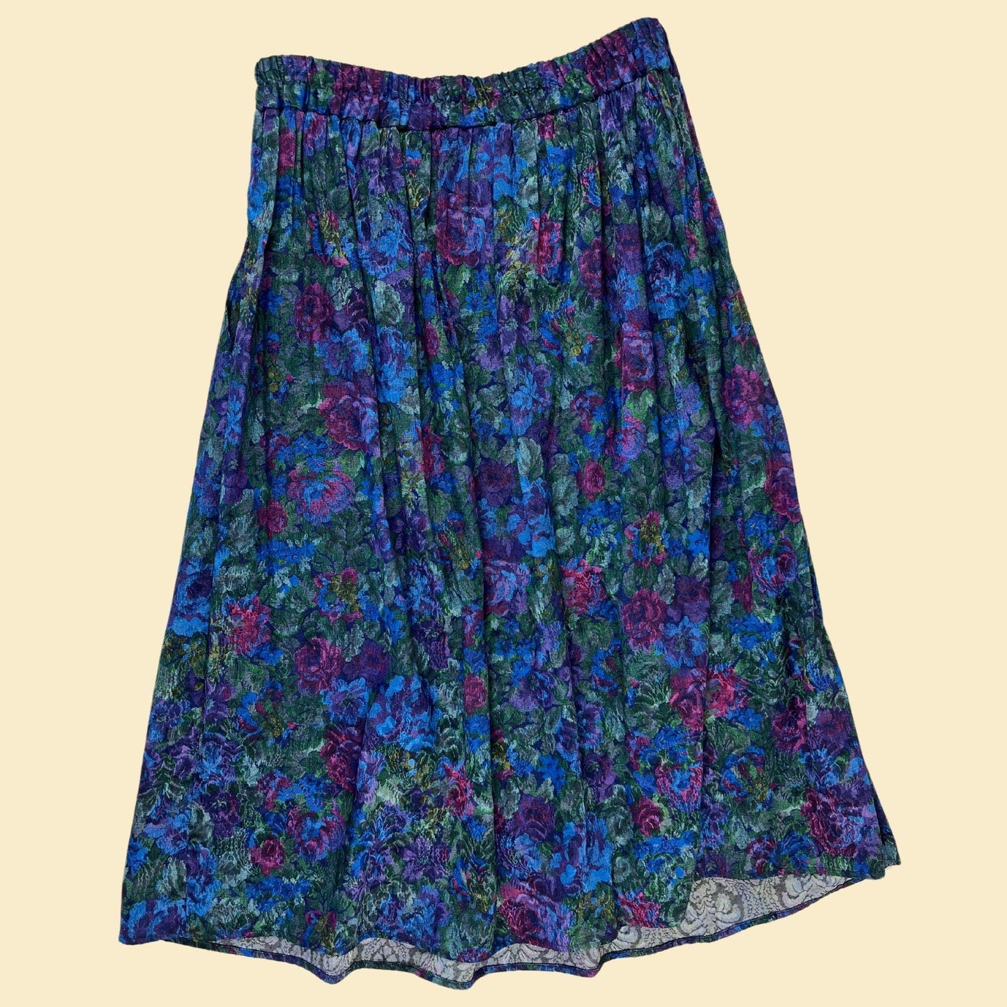 1970s floral maxi skirt by Nilani Petite, size 8 vintage women's blue & purple pleated skirt w/ gold-toned buttons