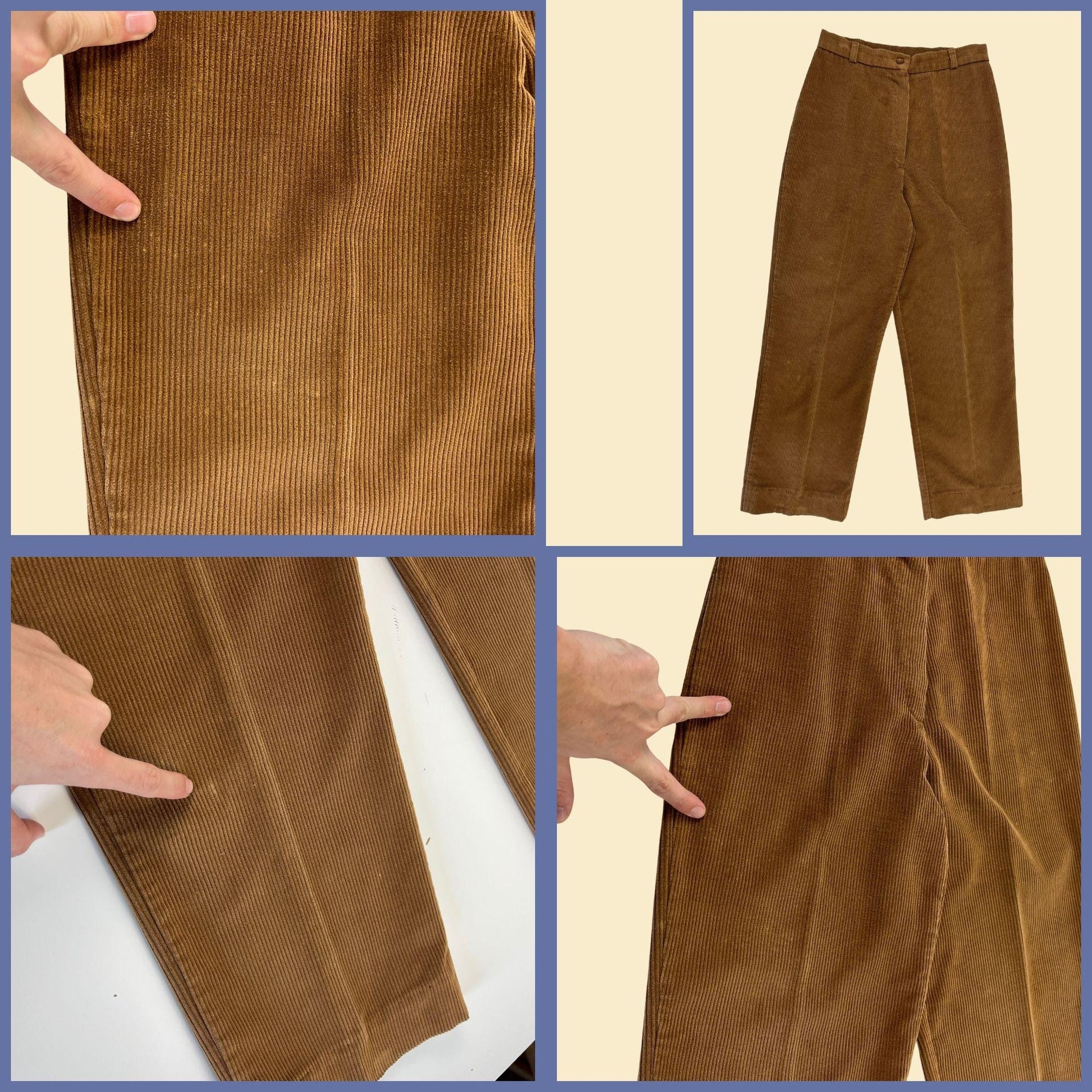 1970s women's corduroy pants by Dimension V, size 12 vintage brown straight leg high rise pants