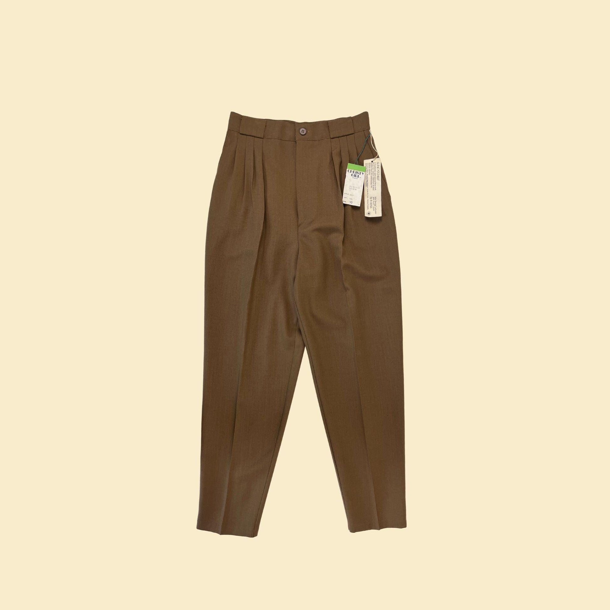 1970s brown pleated pants by Christie Girl, vintage size 10 high rise pleated tapered women's pants