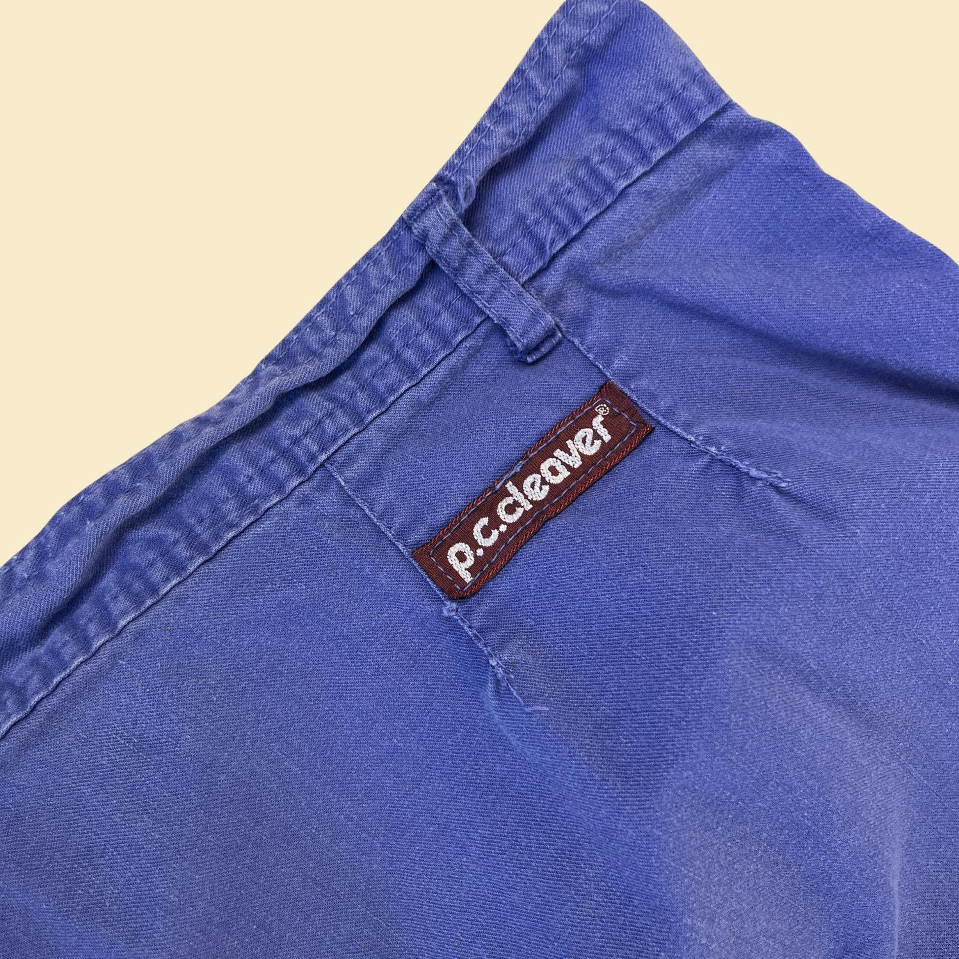 1970s blue 42.5x31 pants by P.C. Cleaver, vintage USA-made pleated indigo unisex cotton pants