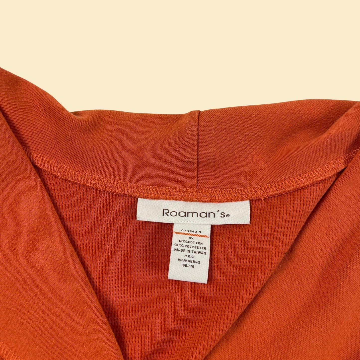 1990s orange v-neck blouse by Roaman's, knit size 3X waffle knit long sleeve big collar women's shirt