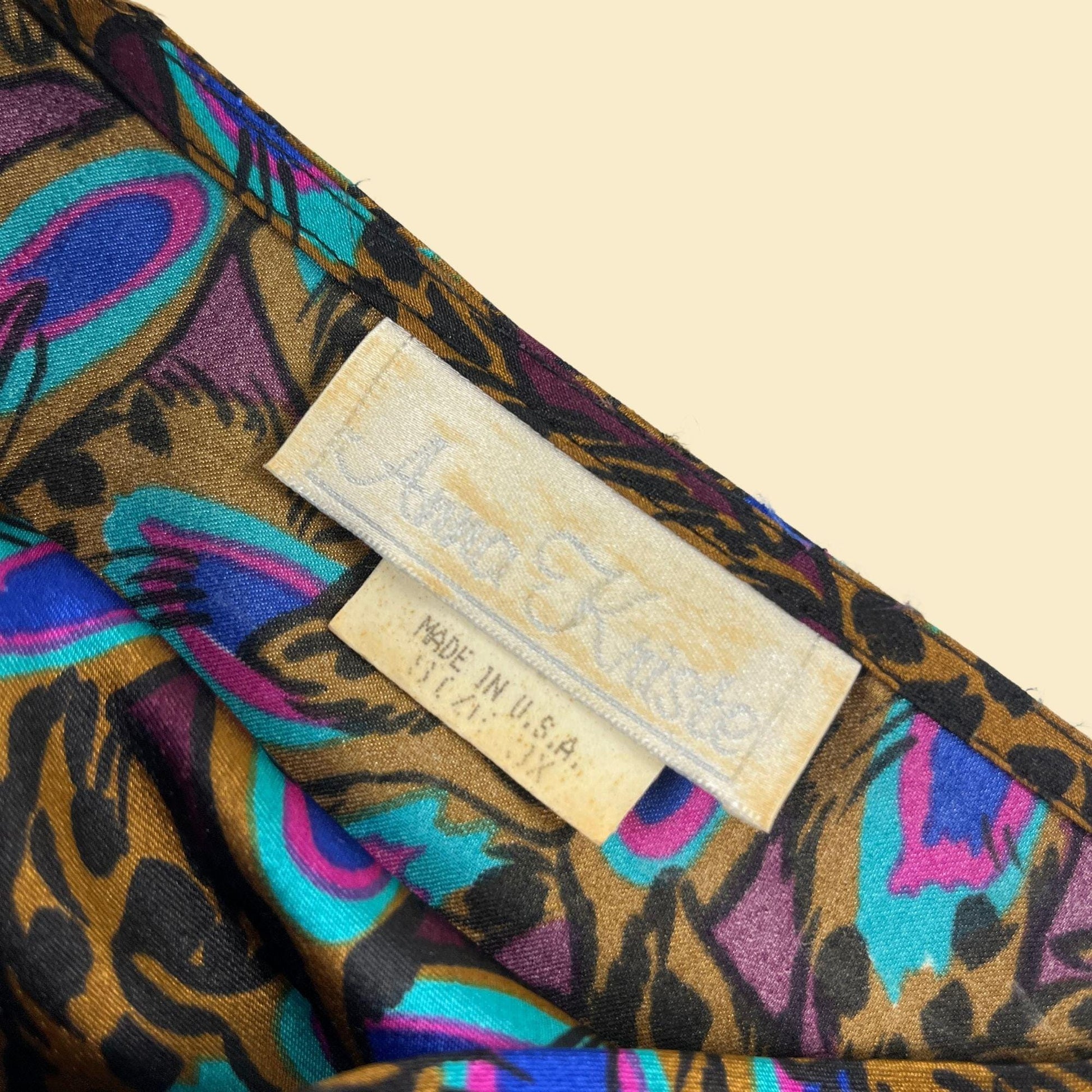 70s/80s satin size 3X blouse by Anna Kriste, vintage purple & teal abstract lightweight USA-made women's top/shirt