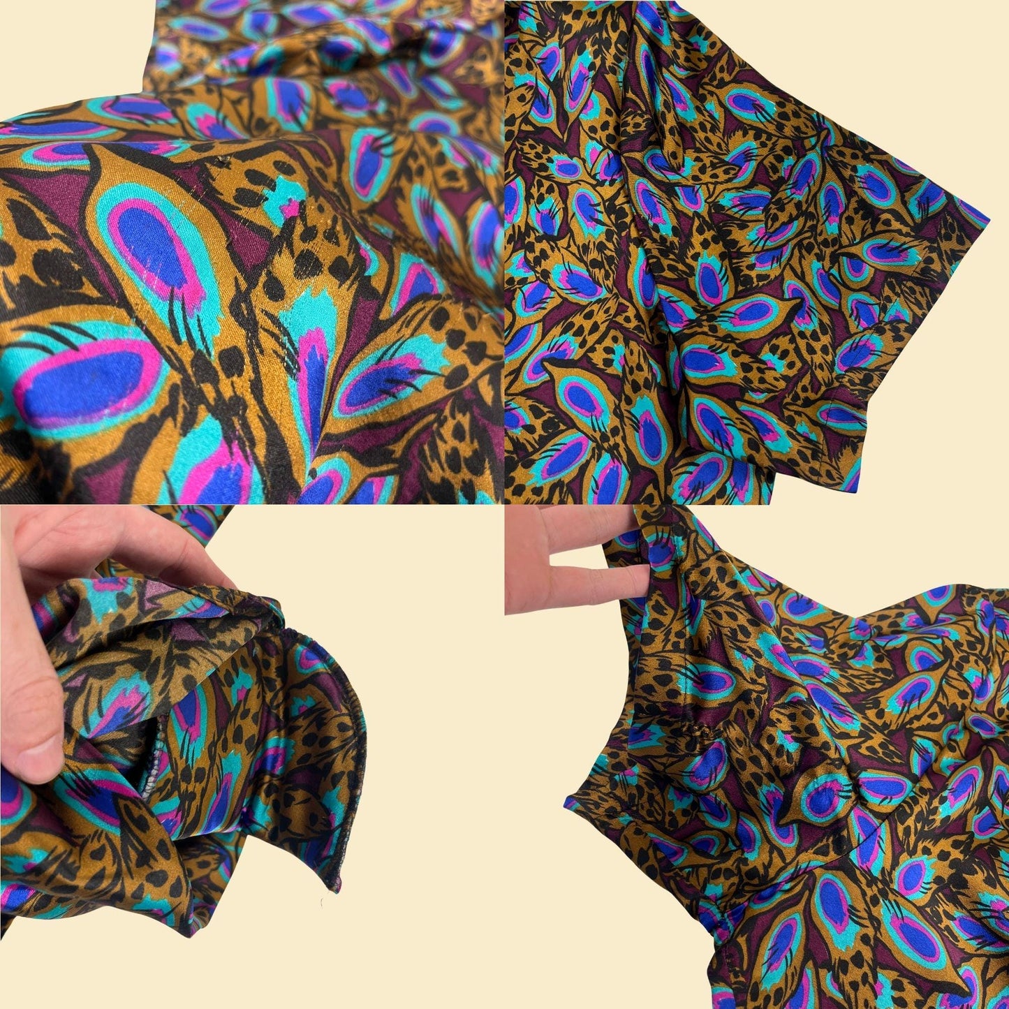 70s/80s satin size 3X blouse by Anna Kriste, vintage purple & teal abstract lightweight USA-made women's top/shirt