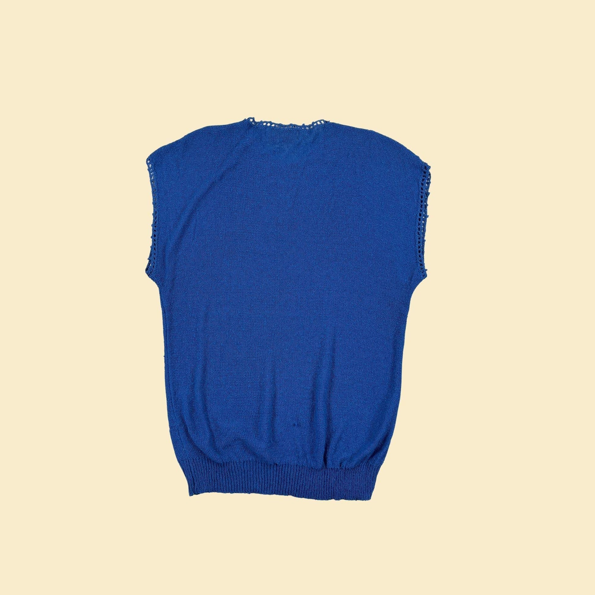 70s blue knit blouse by The Women's Workshop, vintage acrylic & nylon partially see-through top