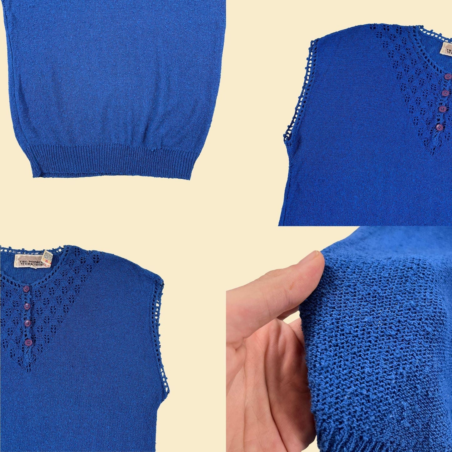 70s blue knit blouse by The Women's Workshop, vintage acrylic & nylon partially see-through top