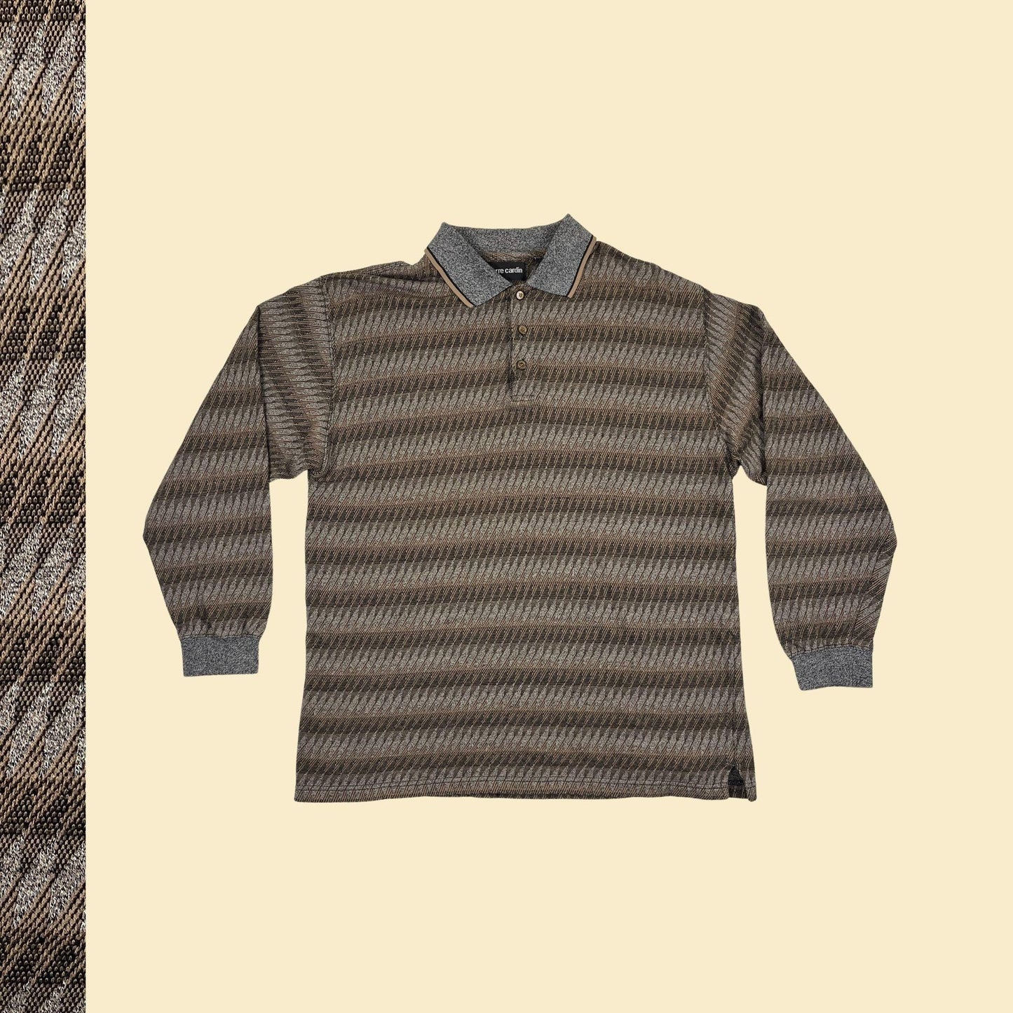 1990s Pierre Cardin L polo shirt, vintage geometric patterned long sleeve men's grey & brown top