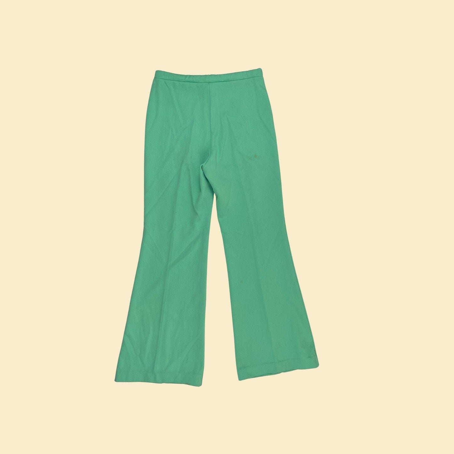 1970s green flare pants, vintage JCPenney women's 29" waist lightweight pastel green slacks