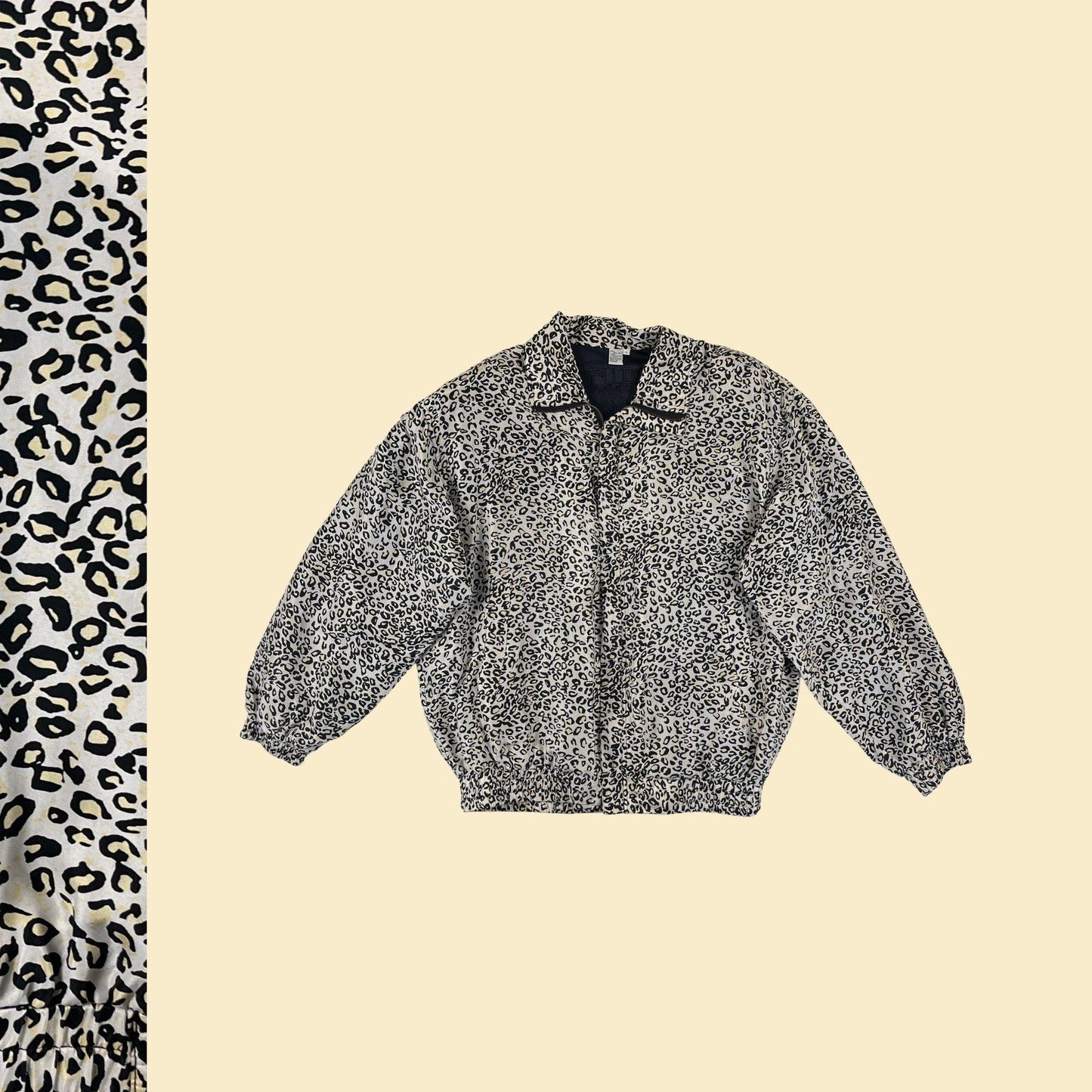 1990s silk size L windbreaker jacket by Fuda International, vintage zip up leopard print grey & black women's