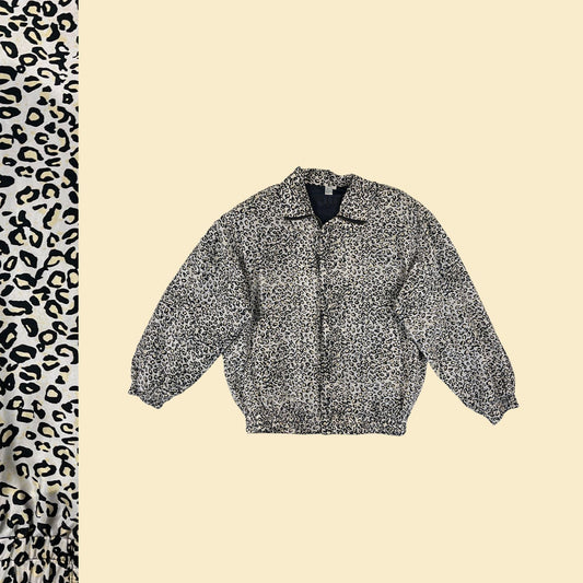 1990s silk size L windbreaker jacket by Fuda International, vintage zip up leopard print grey & black women's