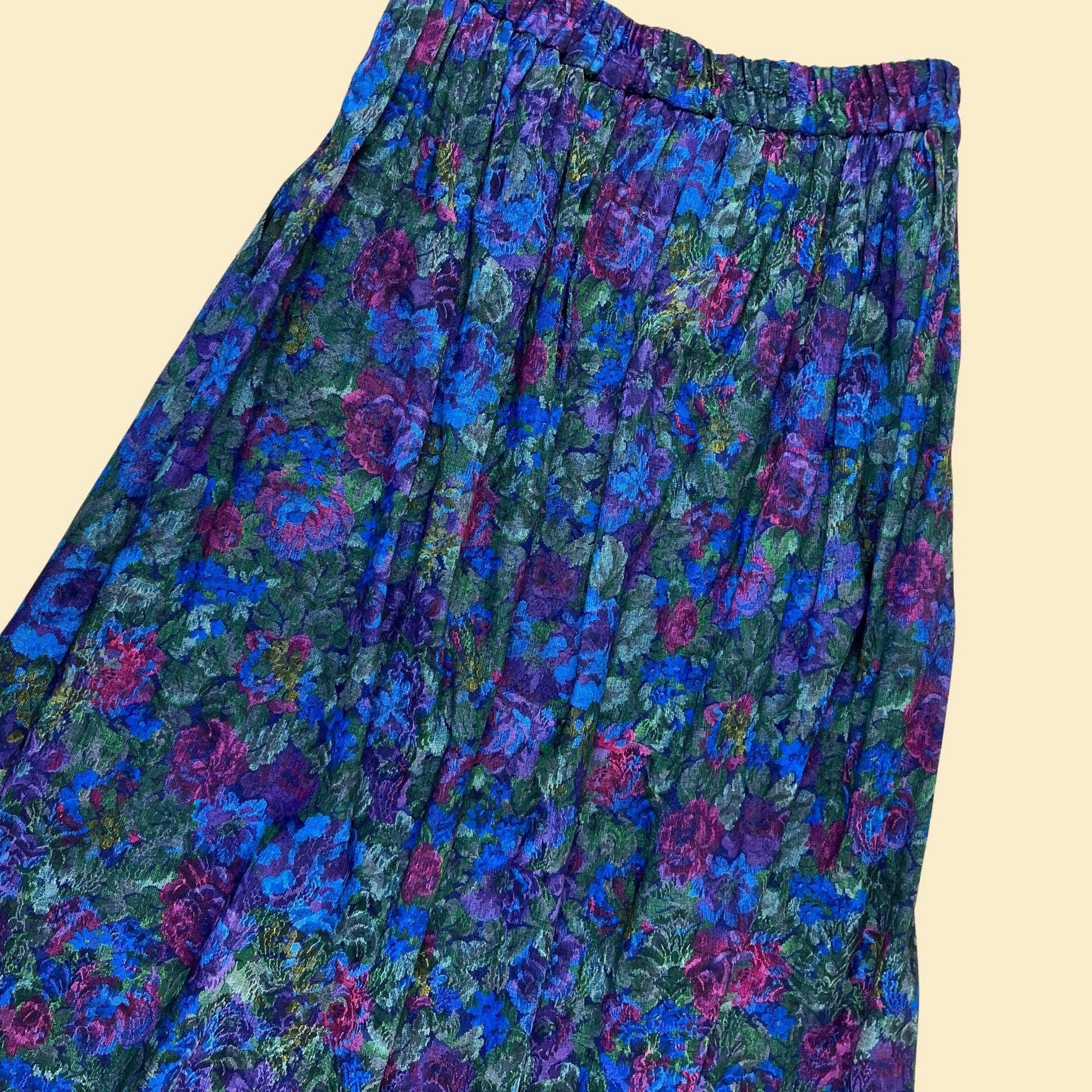 1970s floral maxi skirt by Nilani Petite, size 8 vintage women's blue & purple pleated skirt w/ gold-toned buttons