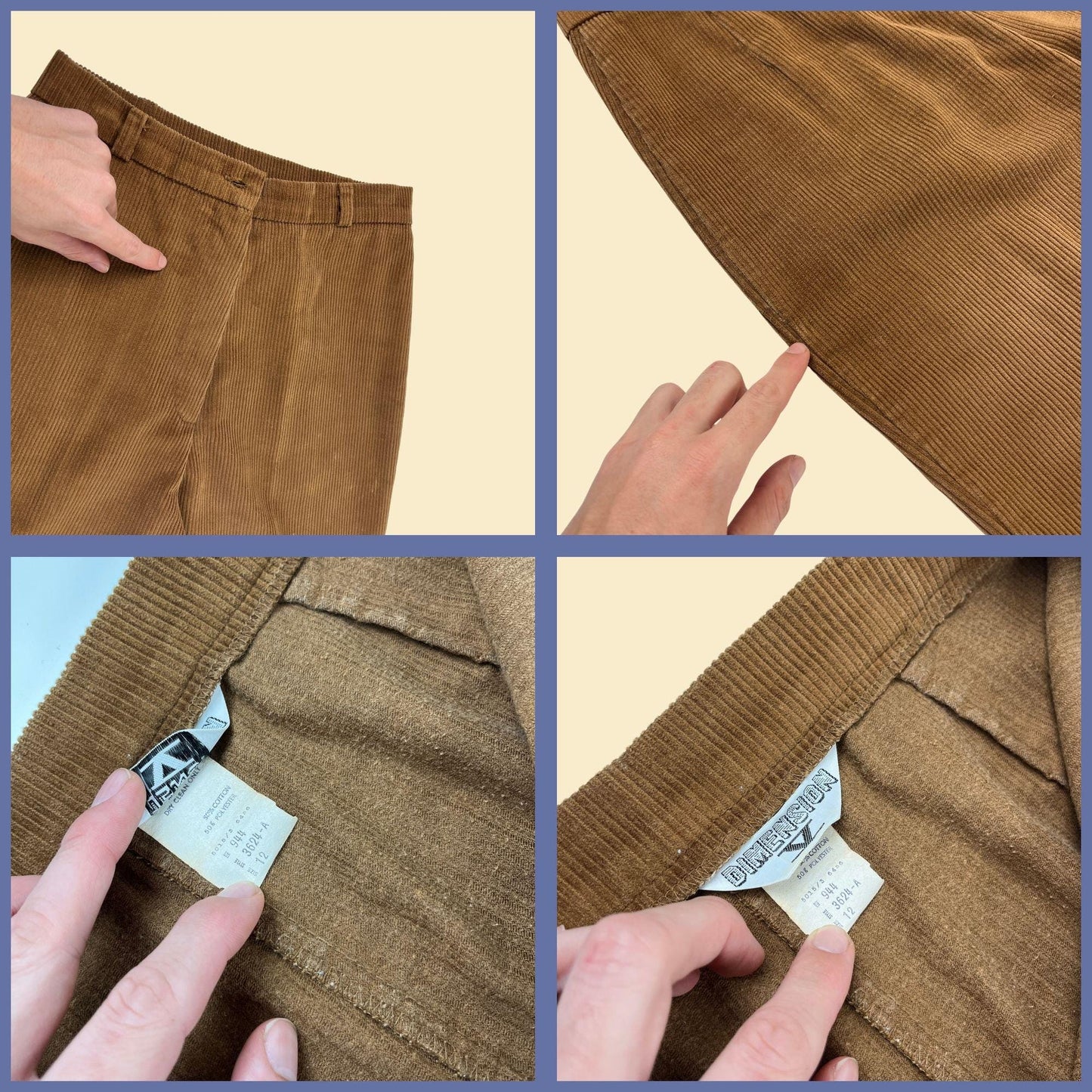 1970s women's corduroy pants by Dimension V, size 12 vintage brown straight leg high rise pants