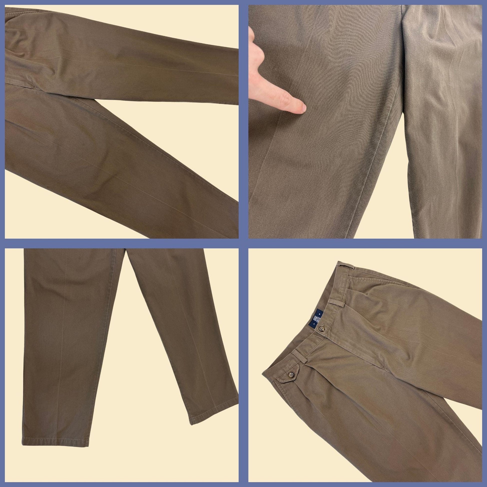 1990s men's 32x30 brown trousers/slacks by Oak Creek, men's cotton straight leg pleated pants