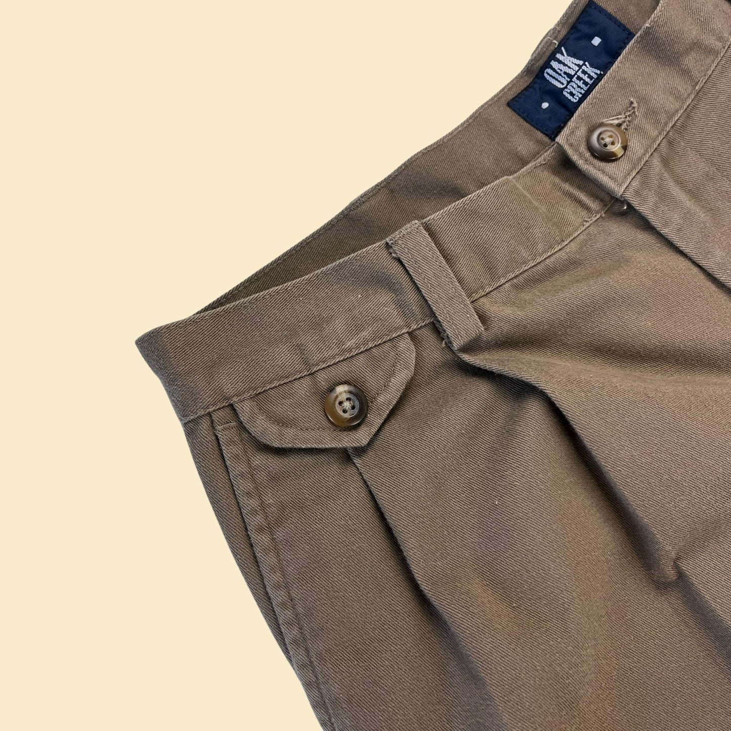 1990s men's 32x30 brown trousers/slacks by Oak Creek, men's cotton straight leg pleated pants