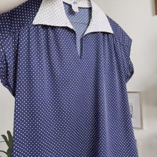 70s polka dot collared shirt by Mardi Modes, vintage blue and white polka dot short sleeve women's shirt, 1970s short sleeve collared blouse