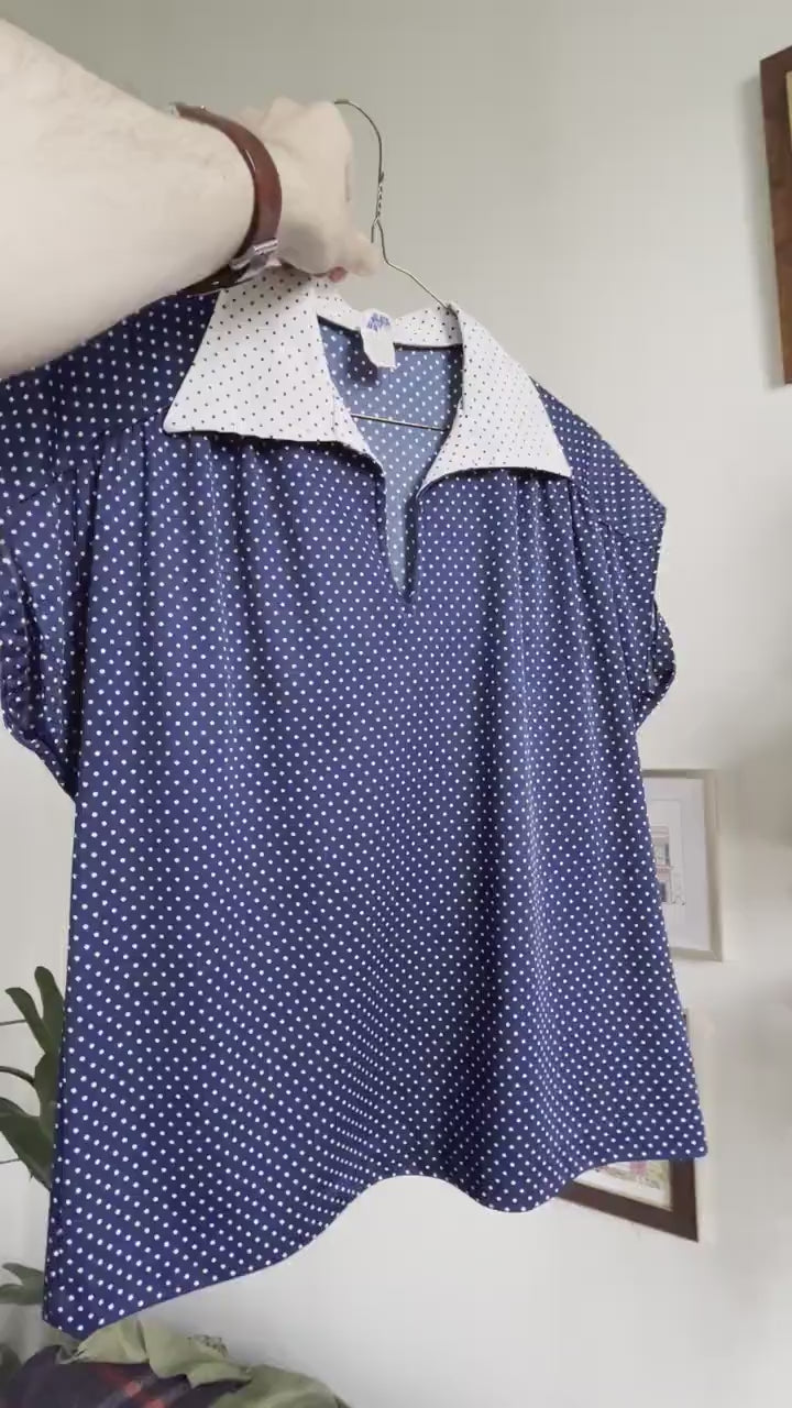 70s polka dot collared shirt by Mardi Modes, vintage blue and white polka dot short sleeve women's shirt, 1970s short sleeve collared blouse