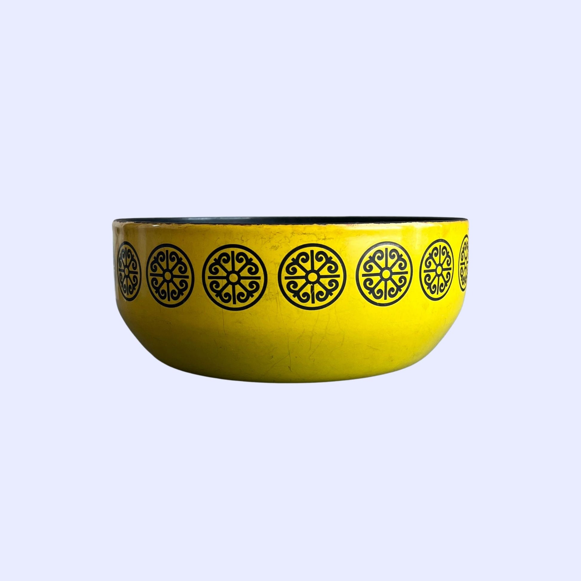 Vintage yellow and black patterned serving bowl with stand, 1960s mid century pot with ornate patterns