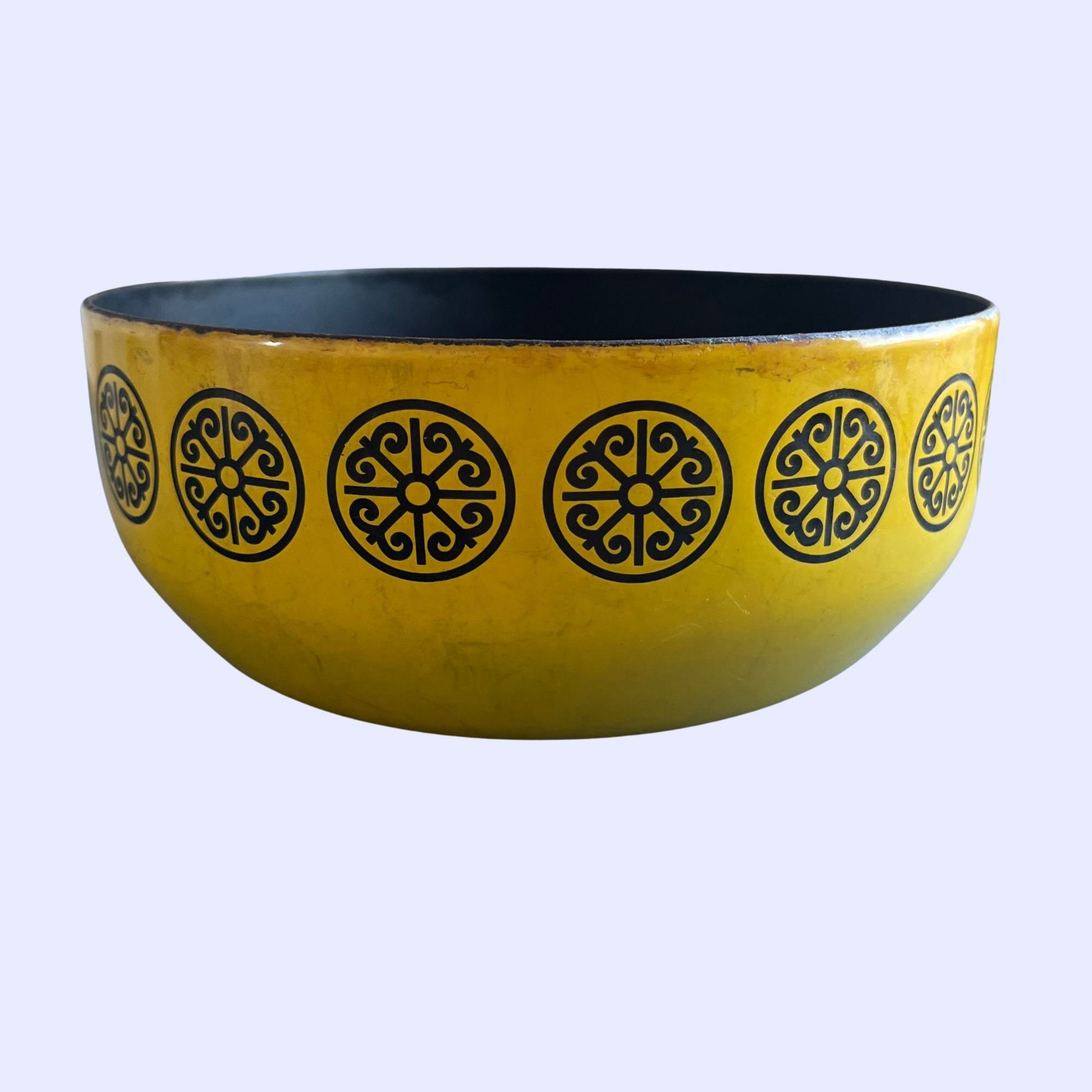 Vintage yellow and black patterned serving bowl with stand, 1960s mid century pot with ornate patterns