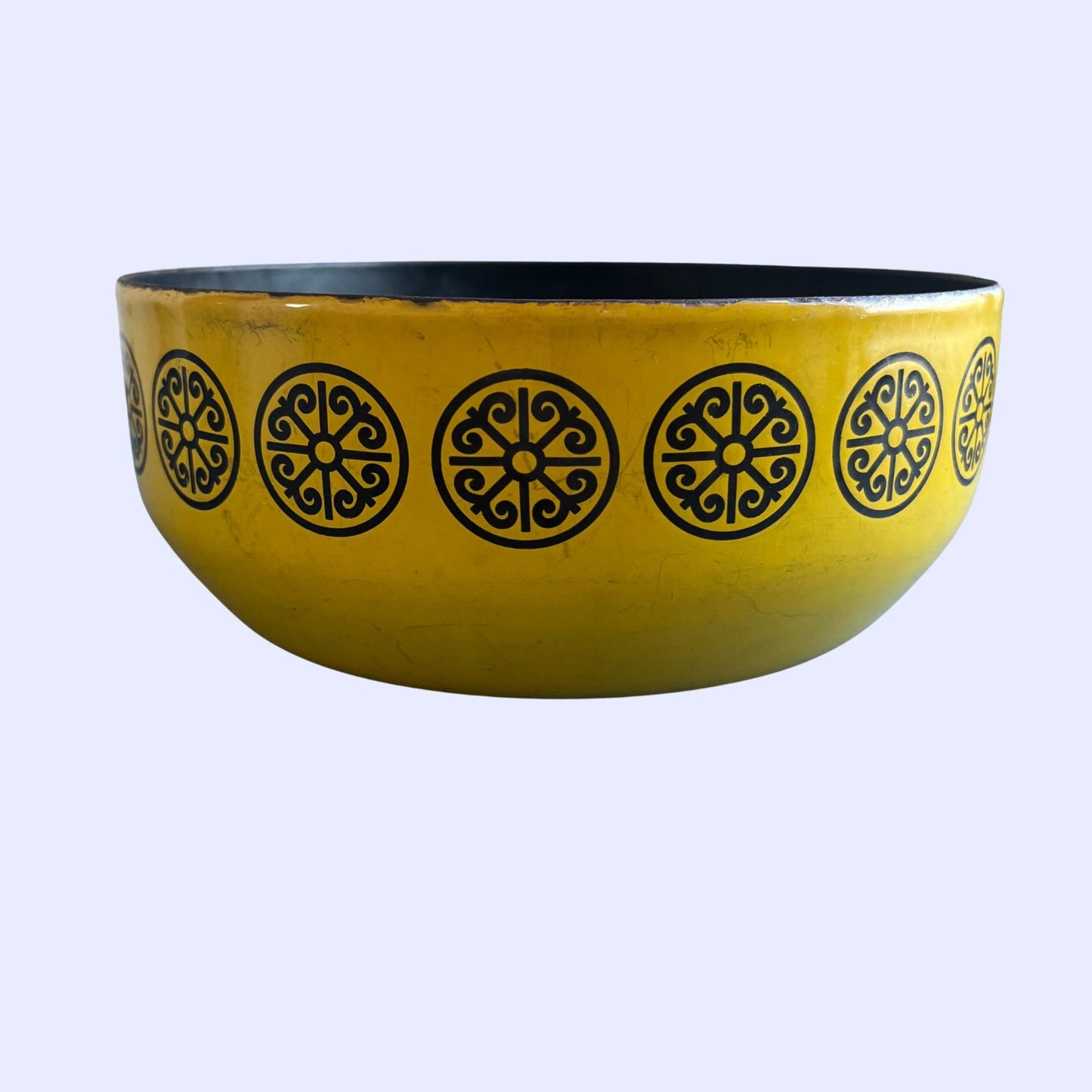 Vintage yellow and black patterned serving bowl with stand, 1960s mid century pot with ornate patterns