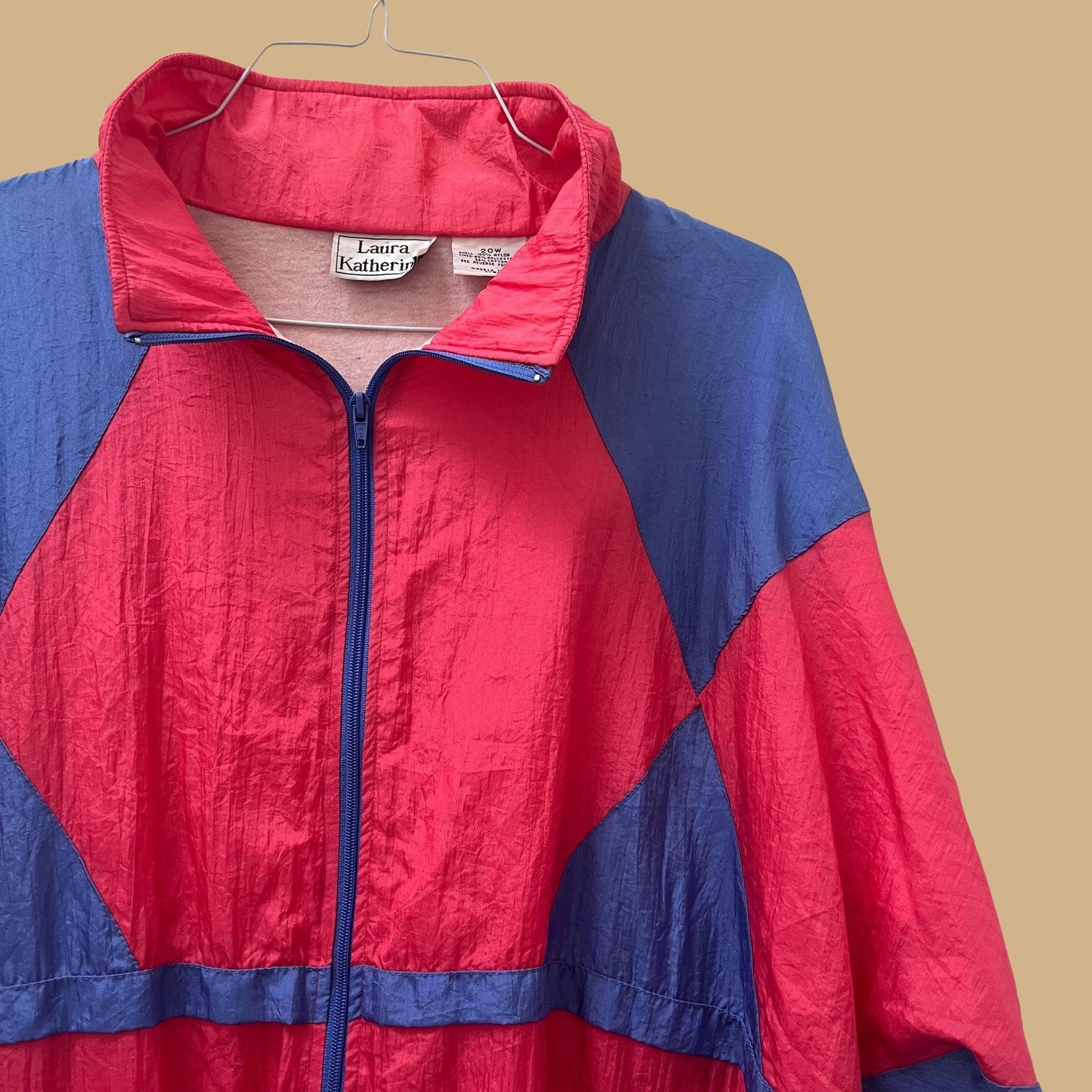 Vintage 1990s patterned windbreaker, blue and pink puffy windbreaker jacket, 1990s vintage color block windbreaker