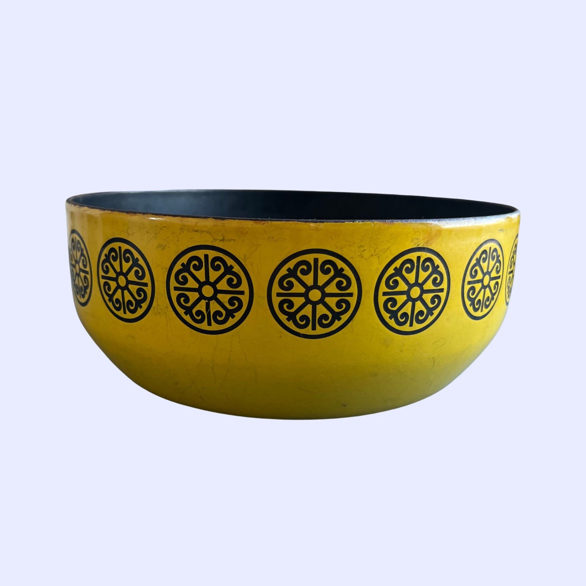 Vintage yellow and black patterned serving bowl with stand, 1960s mid century pot with ornate patterns