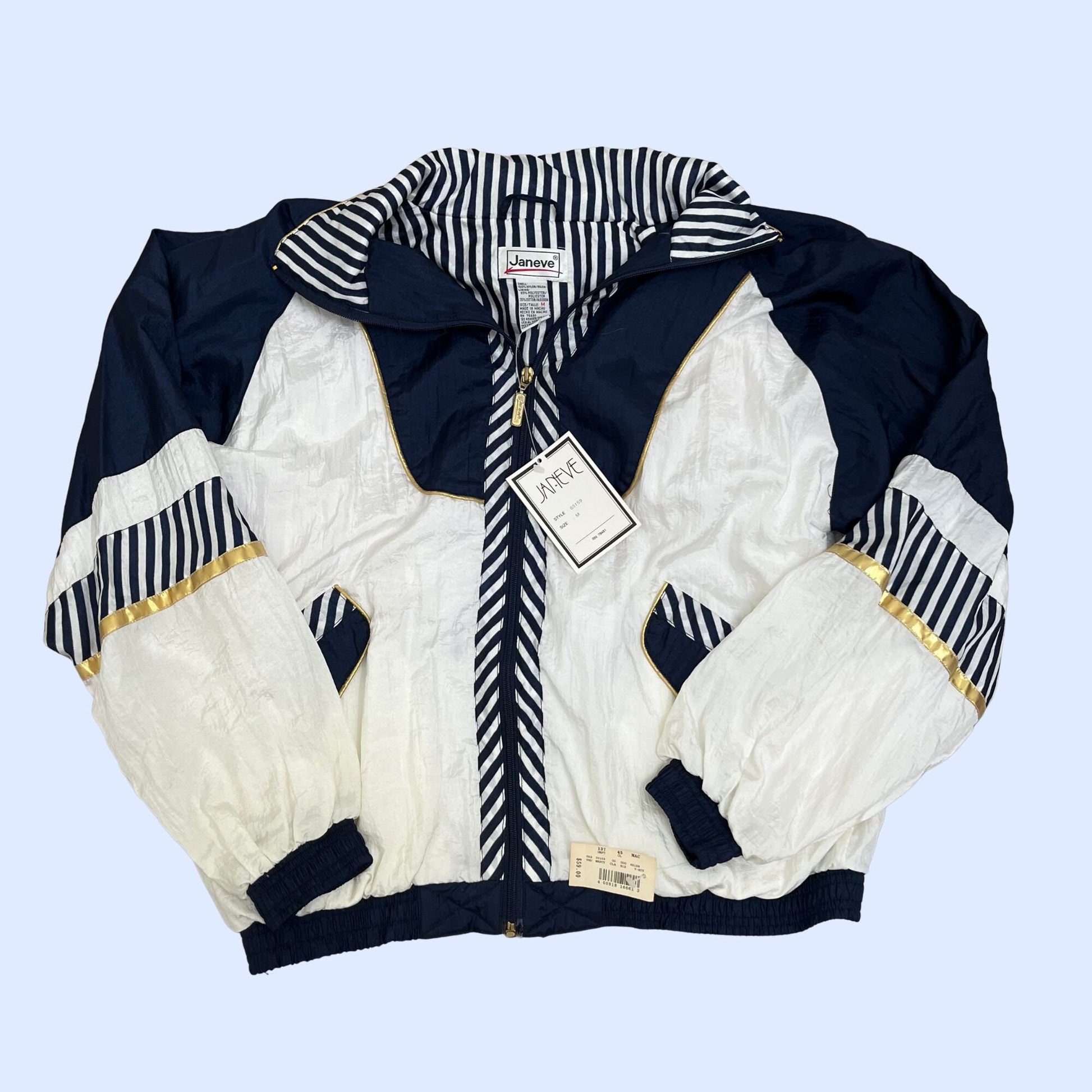 80s Janeve patterned windbreaker with tags, 80s Janeve blue and white medium women's jacket, patterned pufffy zip up with shoulder pads