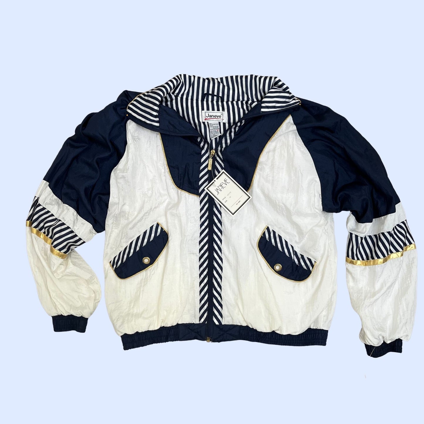 80s Janeve patterned windbreaker with tags, 80s Janeve blue and white medium women's jacket, patterned pufffy zip up with shoulder pads