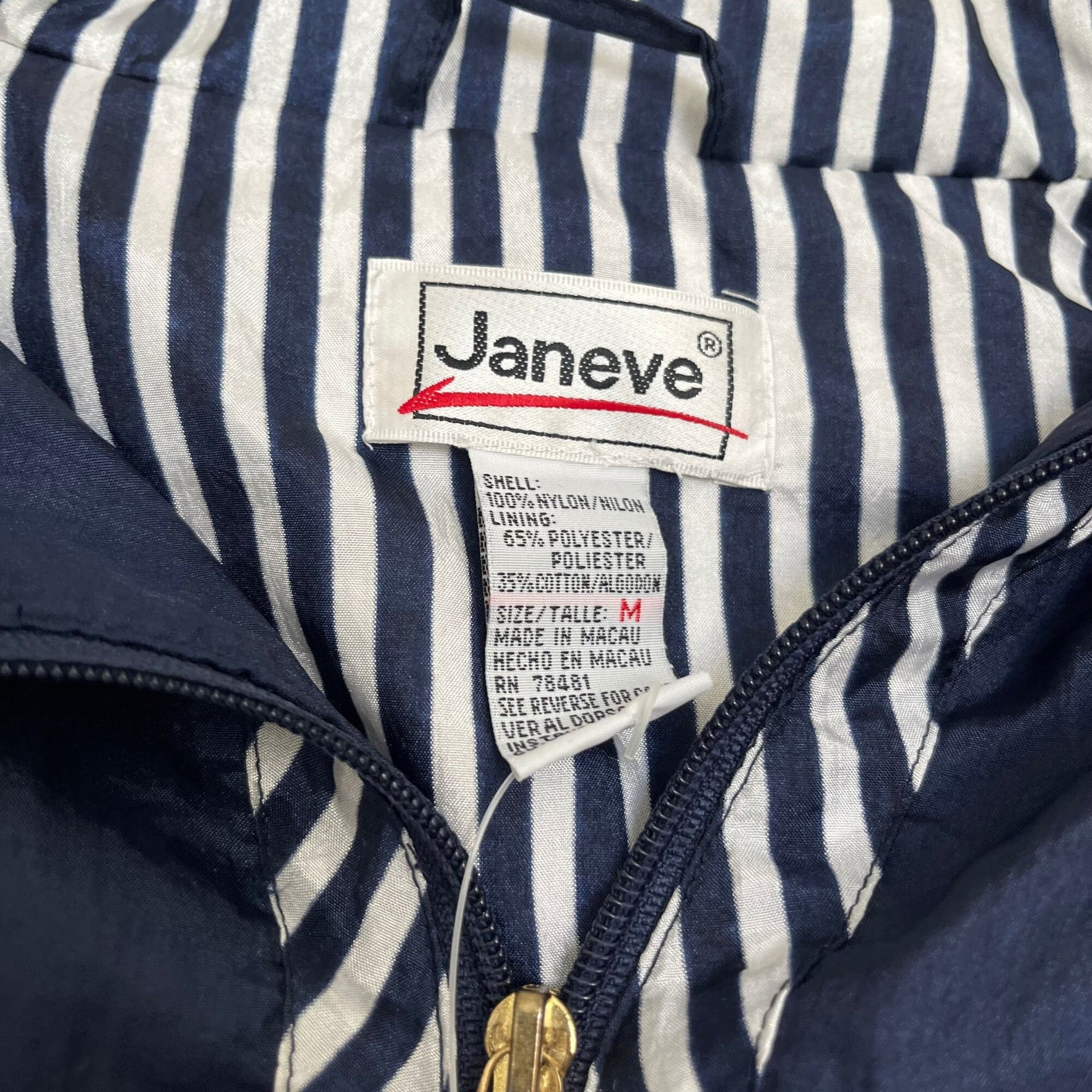 80s Janeve patterned windbreaker with tags, 80s Janeve blue and white medium women's jacket, patterned pufffy zip up with shoulder pads