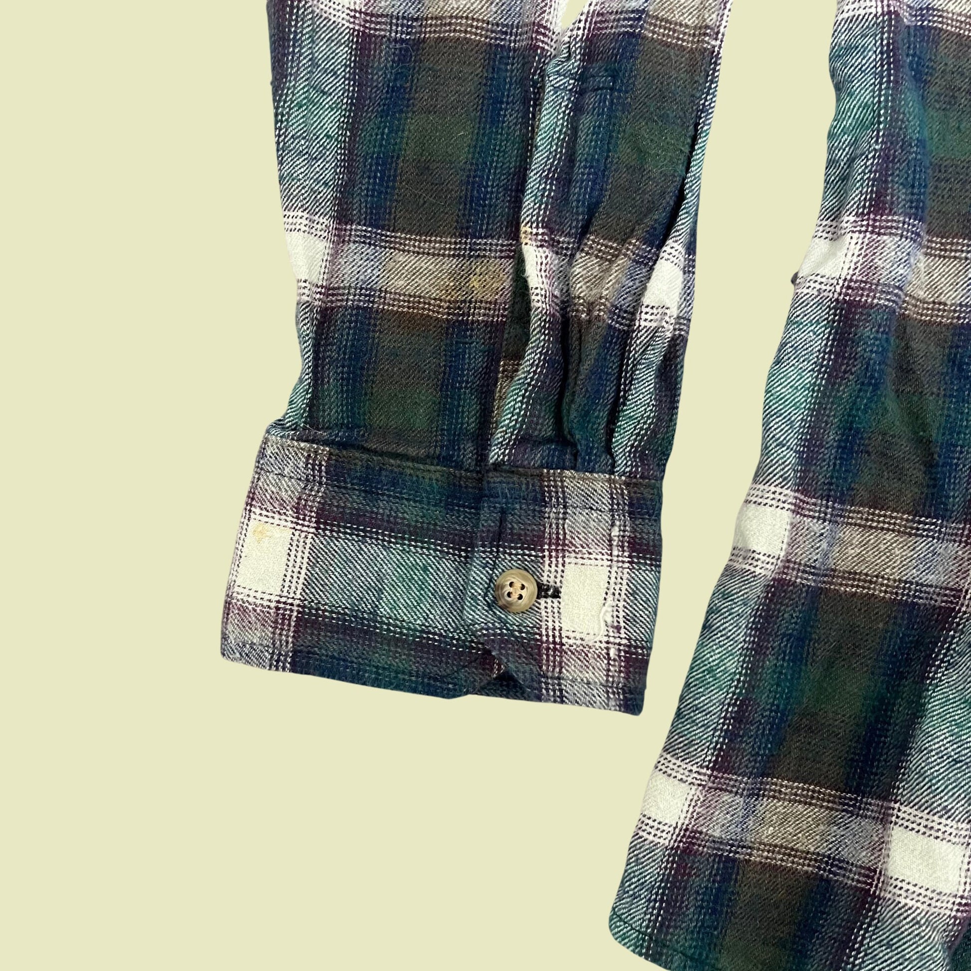 Vintage XL plaid flannel shirt, blue purple white and green button down long sleeve top, 1990s cotton flannel