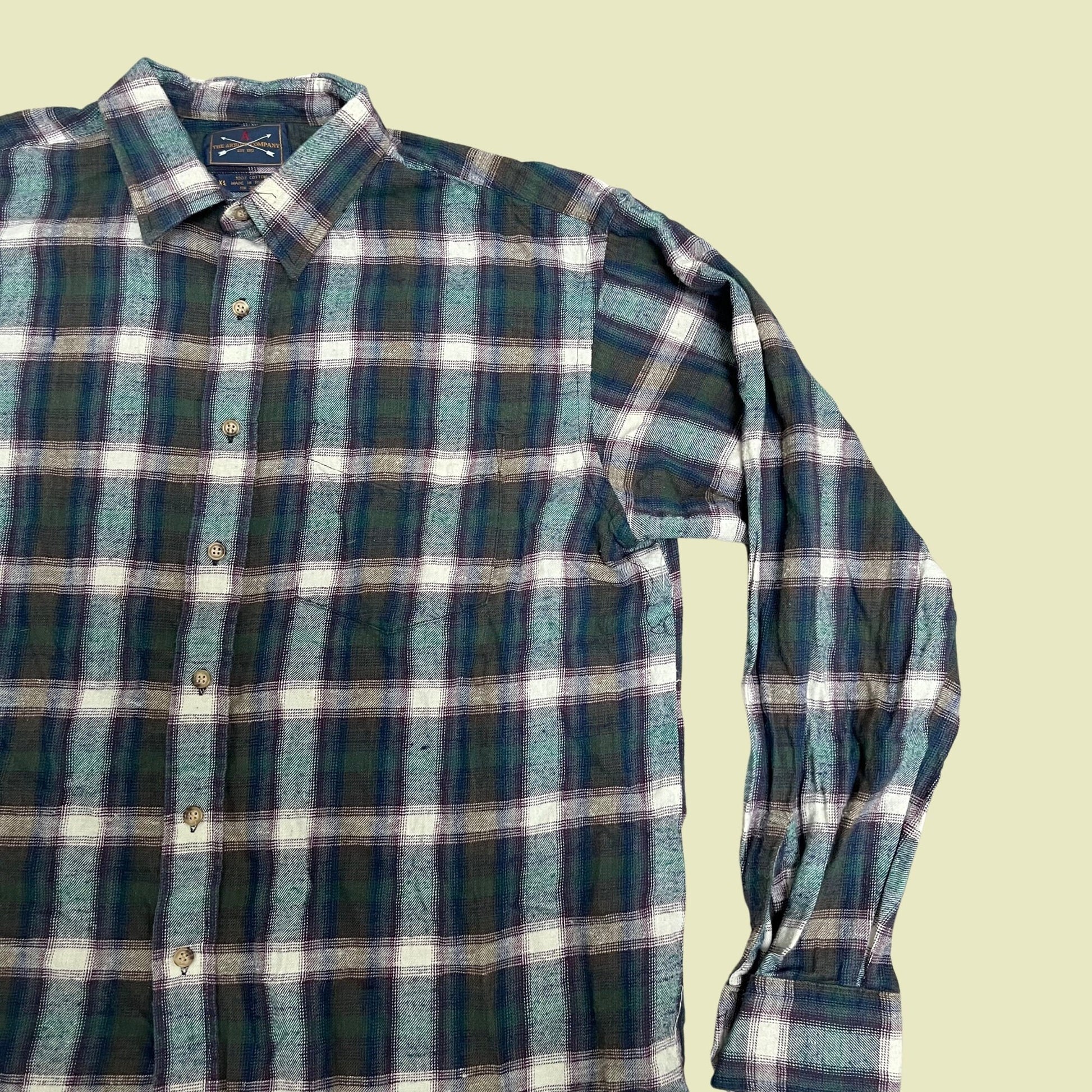 Vintage XL plaid flannel shirt, blue purple white and green button down long sleeve top, 1990s cotton flannel