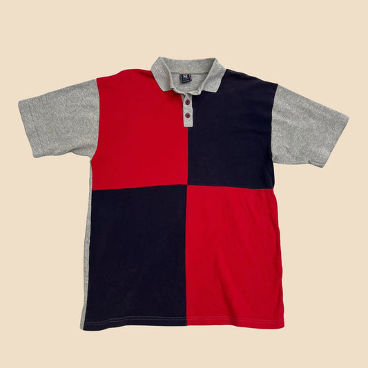 Vintage large color block polo shirt, men's color block 1990s short sleeve shirt, red blue grey patterned men's top