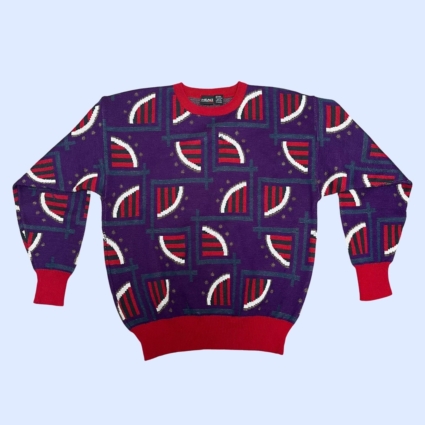 Vintage abstract patterned purple sweater, 1990s HEAD red white and purple sweater, vintage acrylic and wool sweater