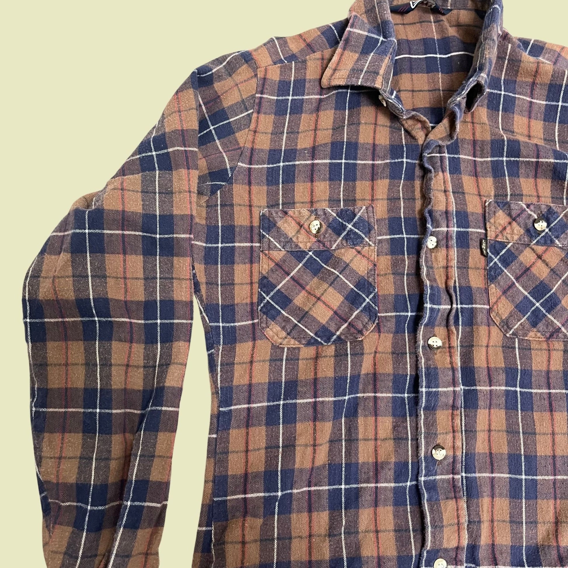 Vintage Levi's small plaid flannel, 1980s Levi's blue and brown flannel shirt, vintage men's Levi's button down shirt