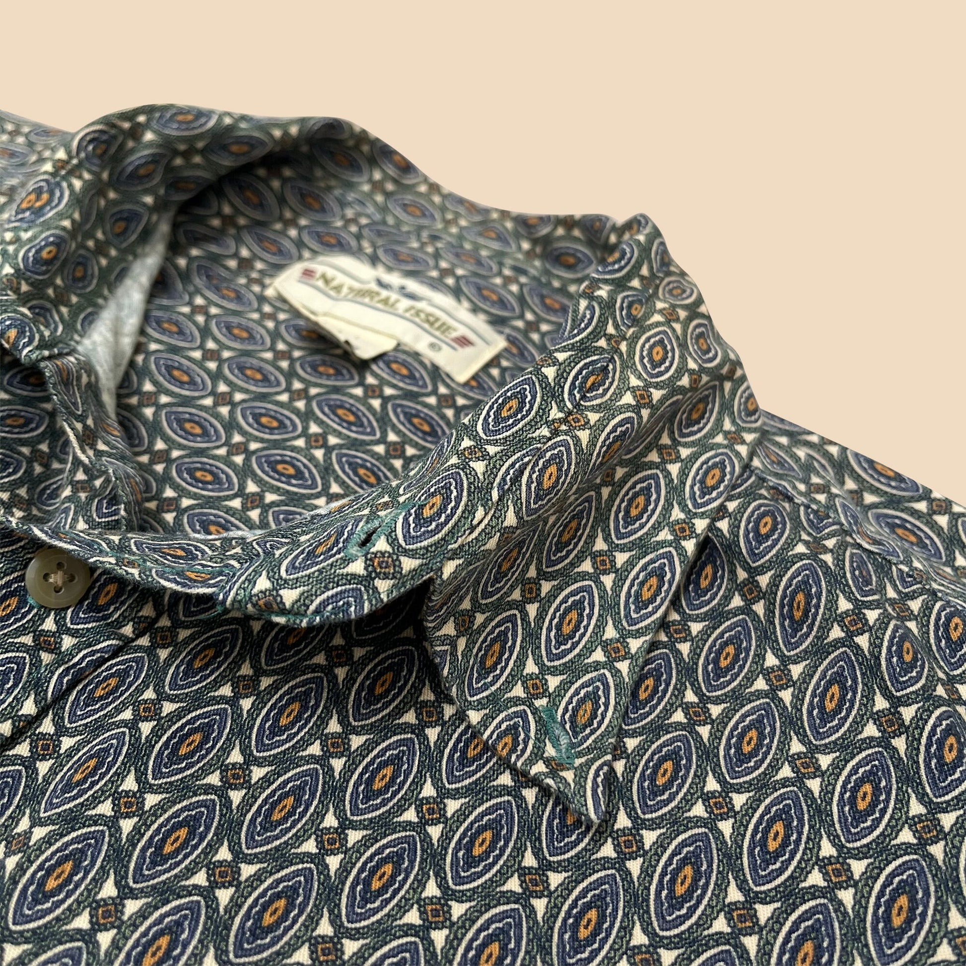 1990s abstract patterned men's shirt, vintage large men's button down, long sleeve abstract blue beige and green men's shirt