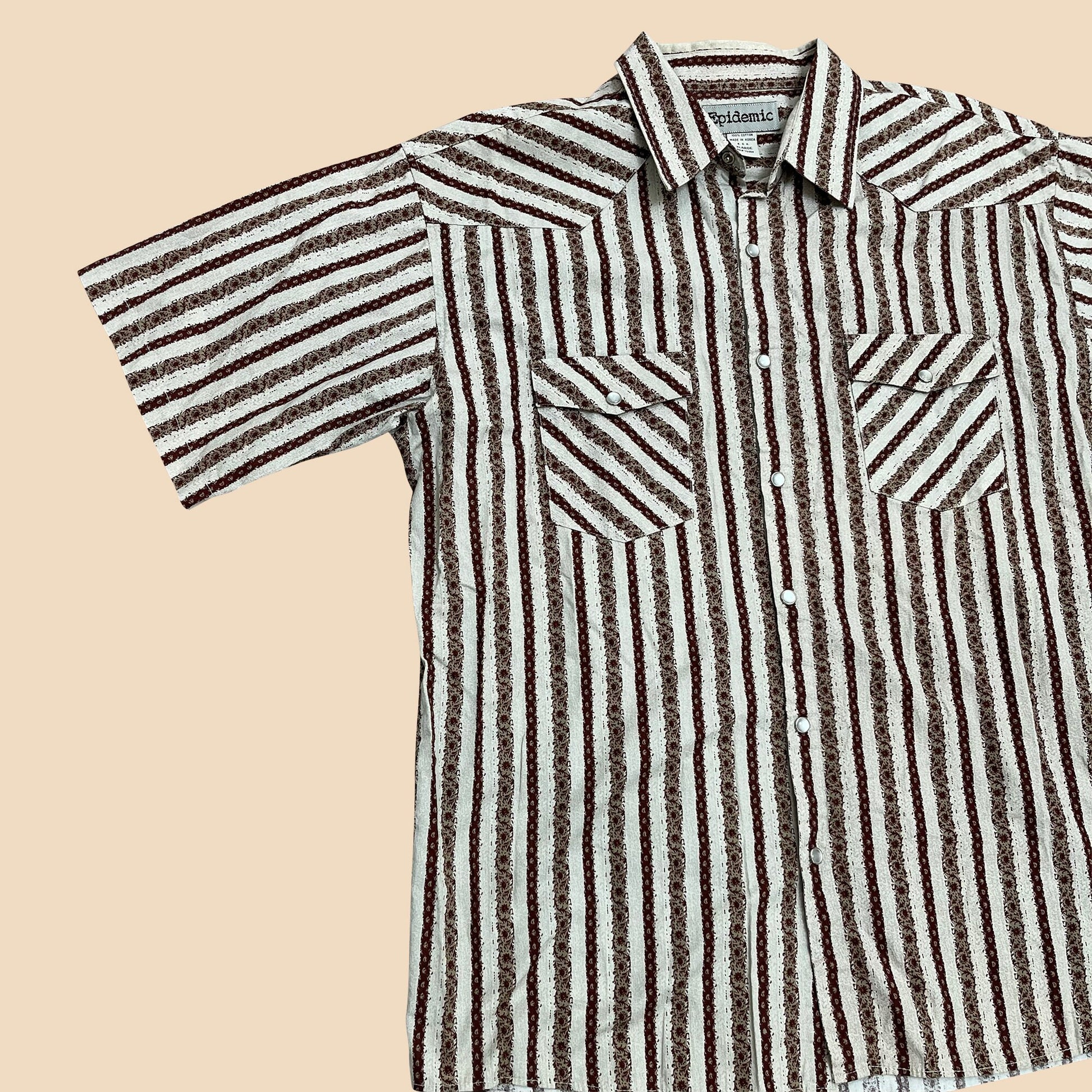 Epidemic striped XL men's shirt, 1990s beige and rust patterned men's shirt, short sleeved collared men's button down top