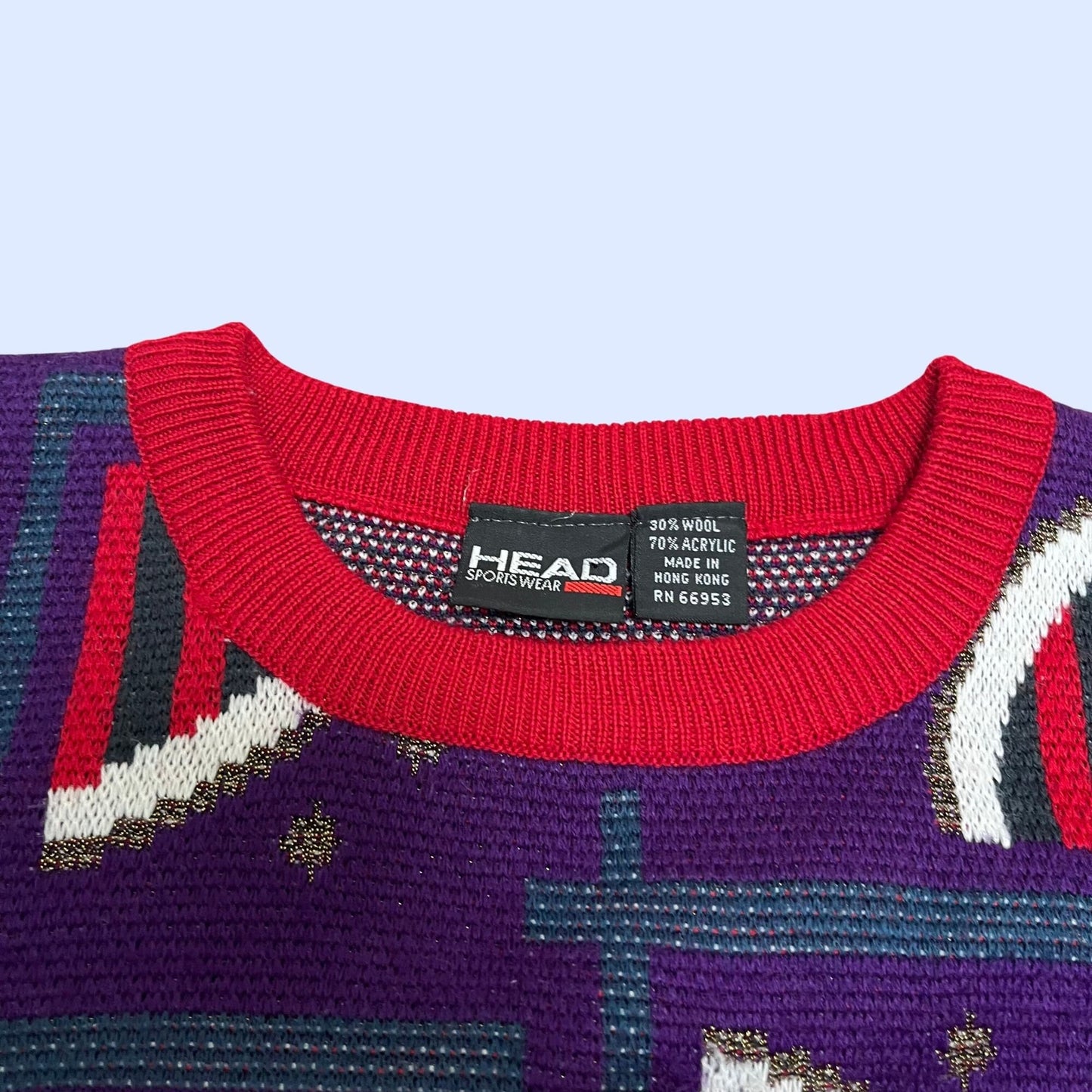 Vintage abstract patterned purple sweater, 1990s HEAD red white and purple sweater, vintage acrylic and wool sweater