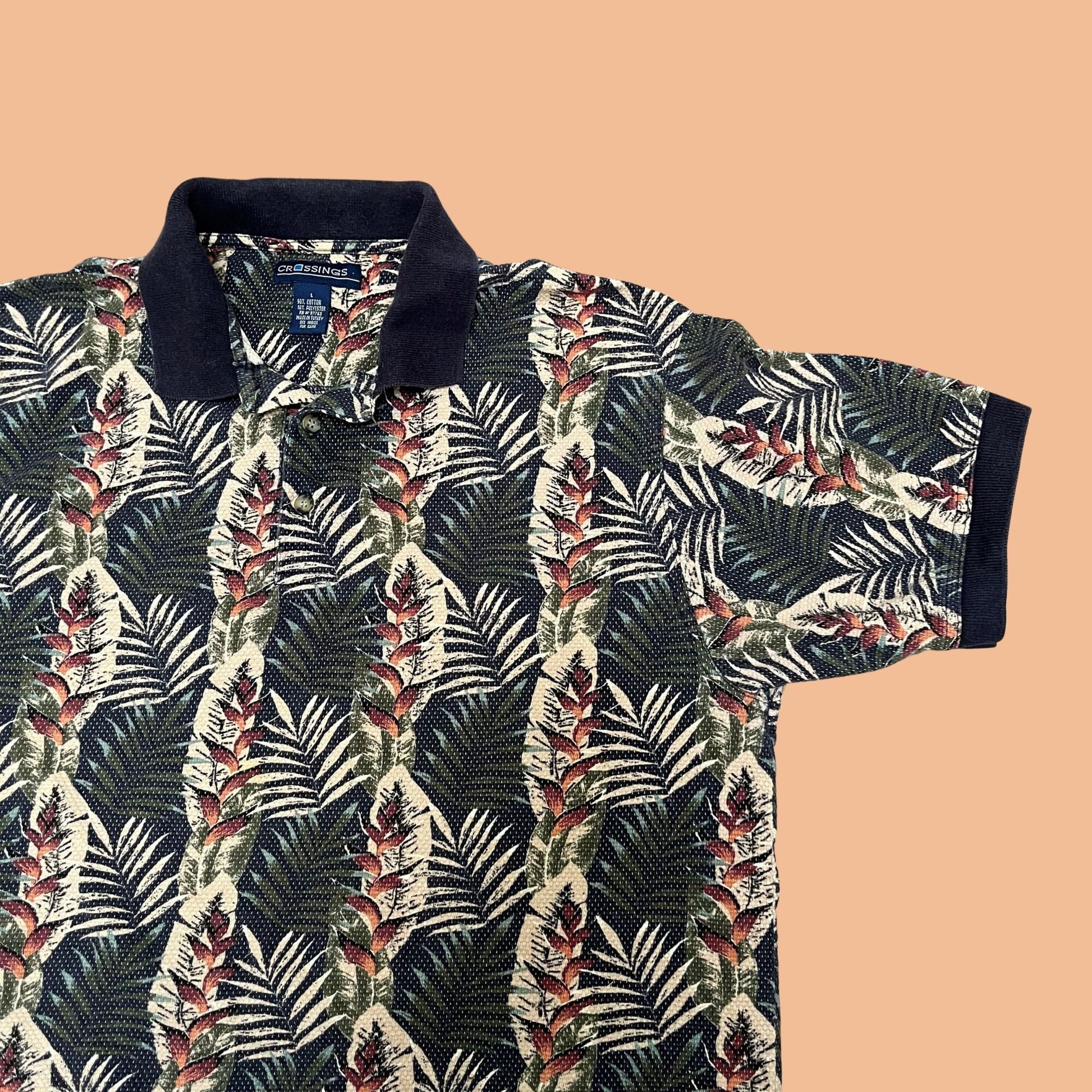 Vintage 1990s floral men's shirt, men's abstract vintage polo shirt, short sleeve men's large floral polo by Crossings