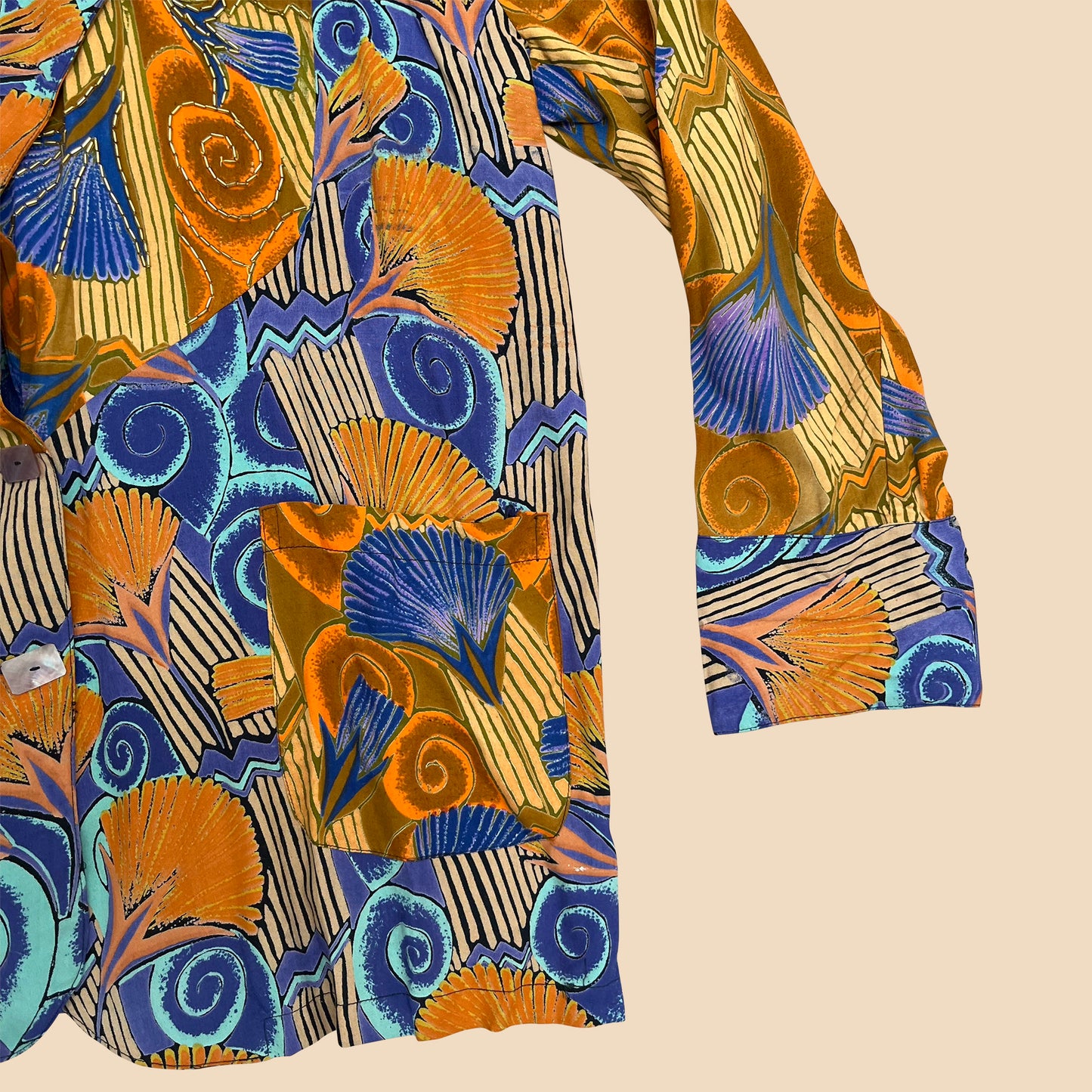 Suryä abstract vintage women's blouse, 1980s orange blue and brown medium shirt, vintage women's button down patterned blouse