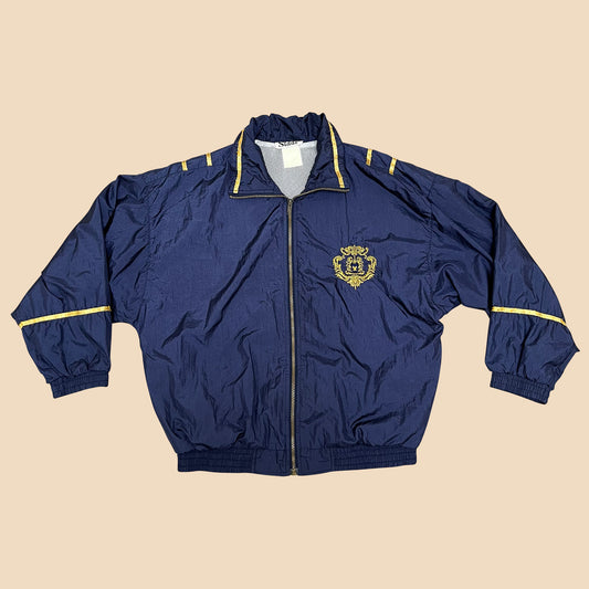 80s windbreaker jacket with blue and gold baroque pattern, blue and gold 80s vintage tracksuit, vintage oversized active wear