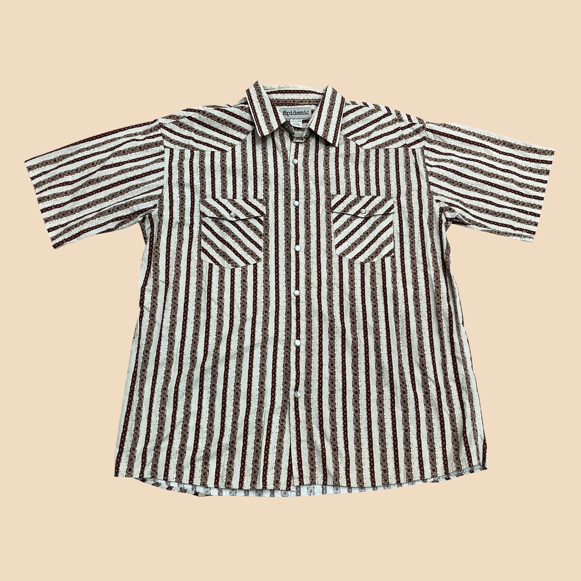 Epidemic striped XL men's shirt, 1990s beige and rust patterned men's shirt, short sleeved collared men's button down top