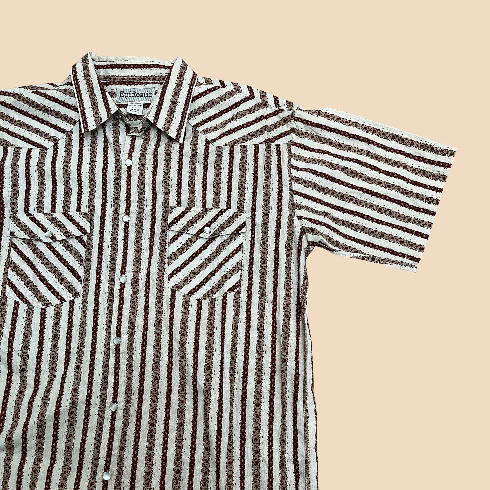 Epidemic striped XL men's shirt, 1990s beige and rust patterned men's shirt, short sleeved collared men's button down top