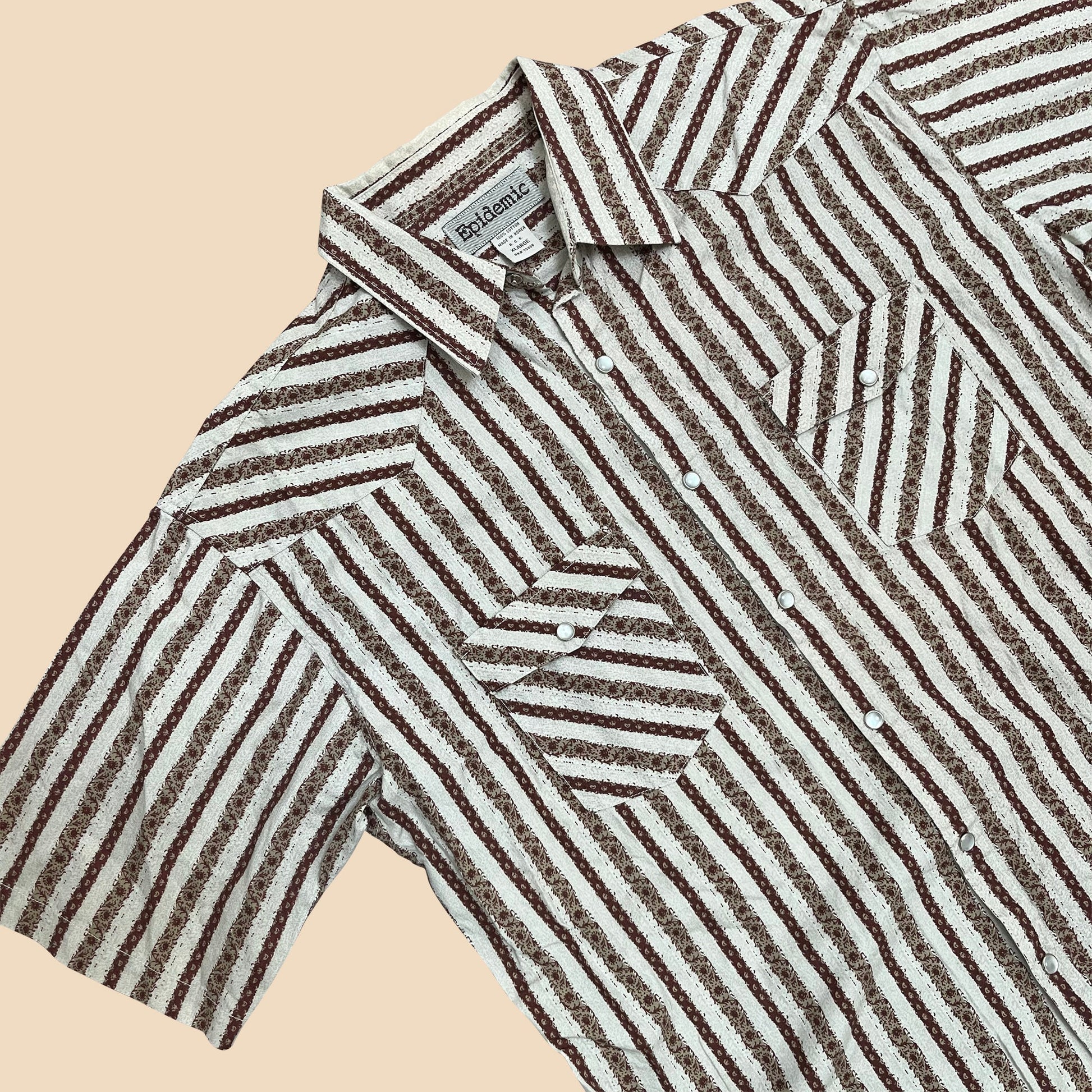 Epidemic striped XL men's shirt, 1990s beige and rust patterned men's shirt, short sleeved collared men's button down top