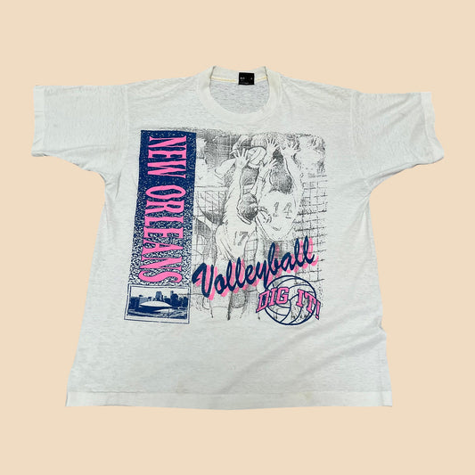 1980s Screen Stars XL volleyball t-shirt, vintage 80s Screen Stars Best faded t shirt, white blue and pink vintage graphic tee