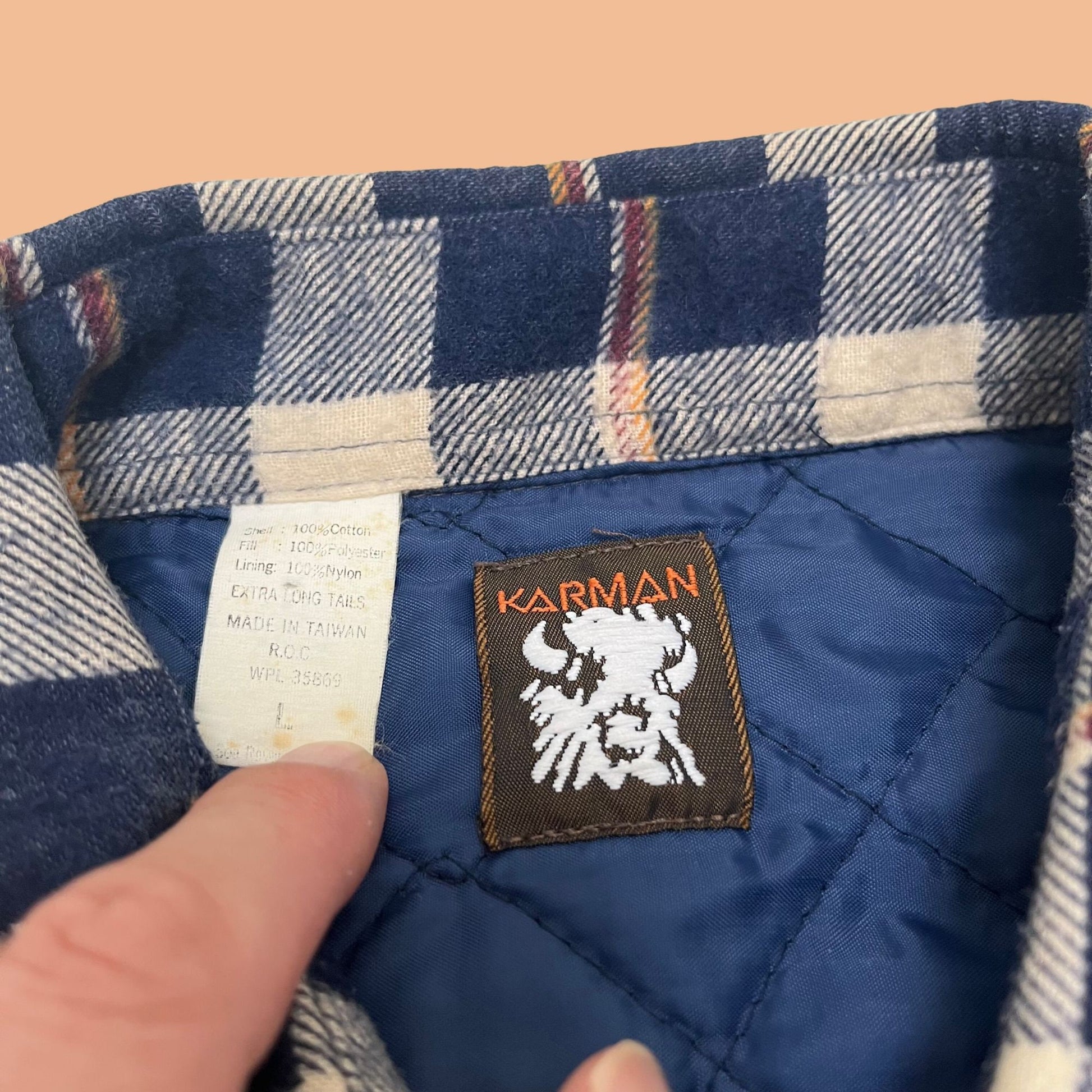 Vintage plaid lined flannel by Karman, 1990s blue white and brown large lined flannel shirt, thick oversized blue flannel shirt