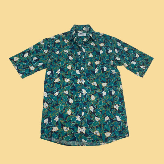 Vintage 1990s teal floral button down shirt by Impact, men's blue button down floral shirt, vintage 1990s oxford short sleeve shirt