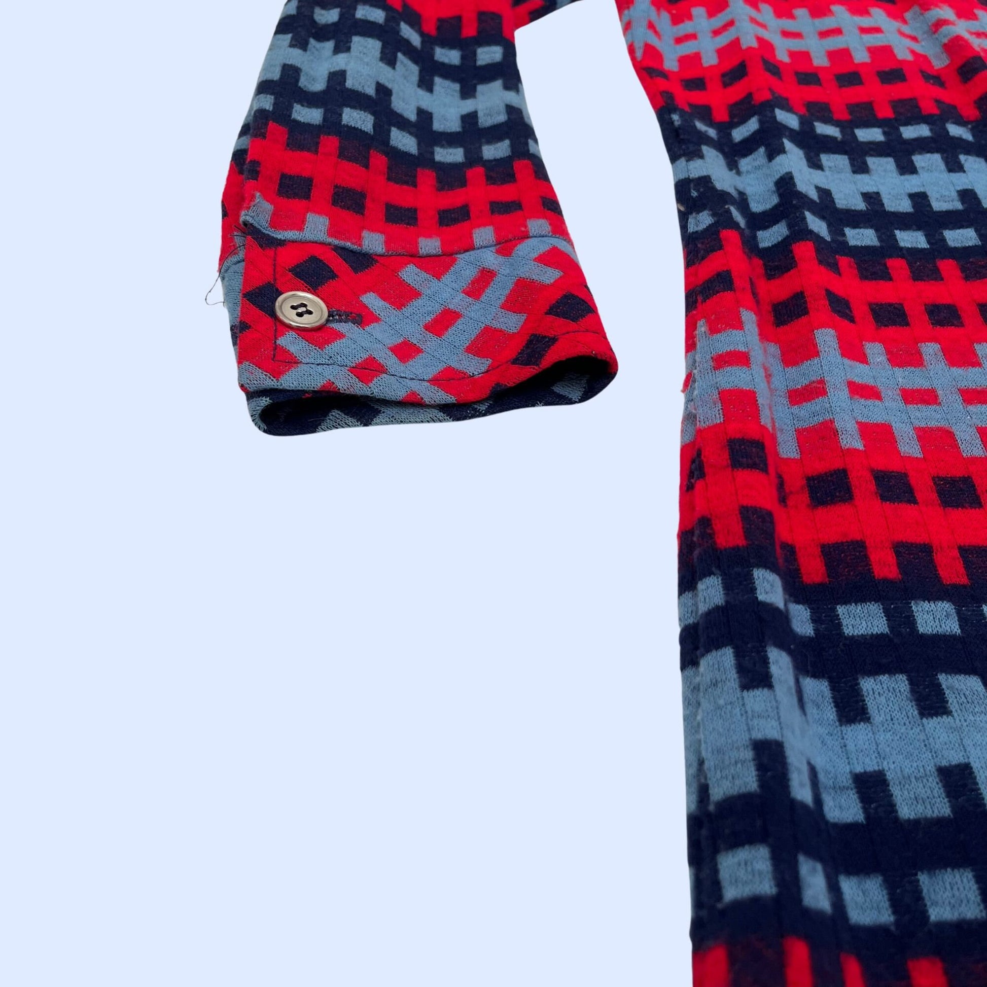 1960s Lord & Taylor shift dress with geometric patterns and a front zipper, mid century abstract red and blue vintage dress