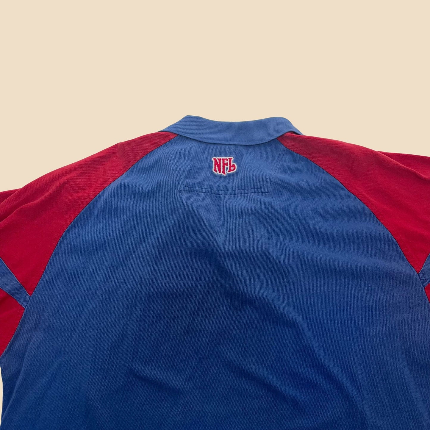 Vintage 1990s NY Giants polo shirt, vintage 1990s short sleeve red and blue NY Giants collared shirt, large men's Giants shirt